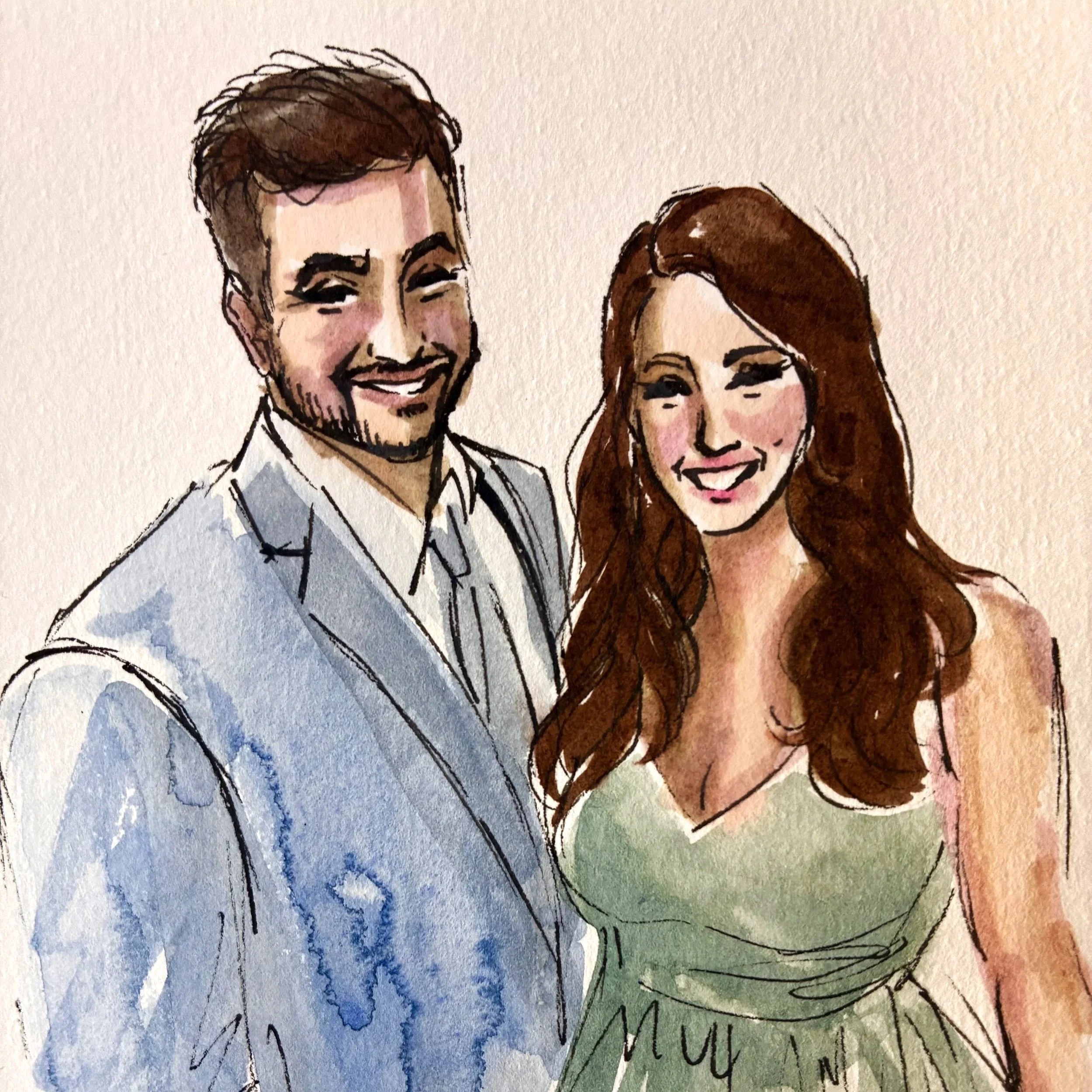A colorful watercolor portrait of a smiling man and woman with bright eyes, detailed facial features, and flowing hair, created with loose, expressive brushstrokes. Painted live at a wedding in Milwaukee, WI by Nina Lee Fine Art