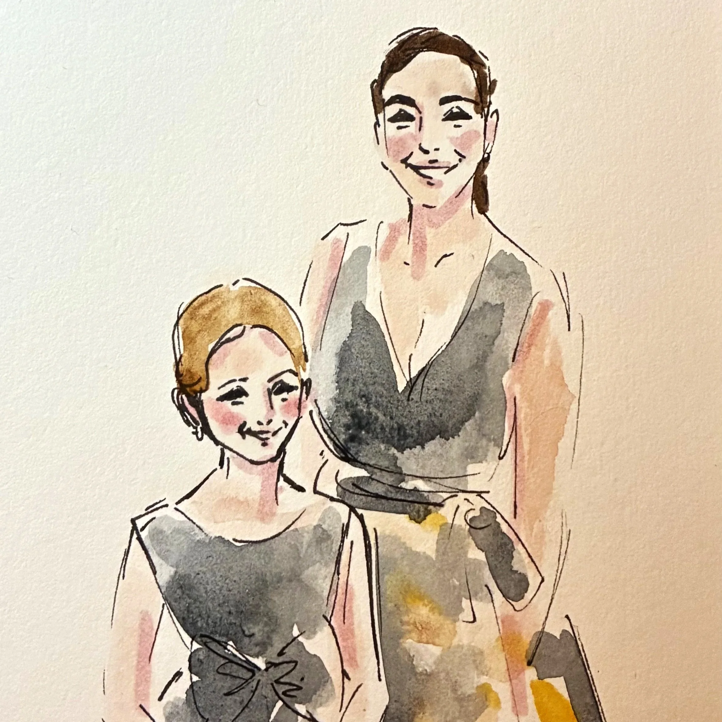 Watercolor guest portrait of a mother and daughter painted live at a wedding in Milwaukee, WI by Nina Lee Avis.