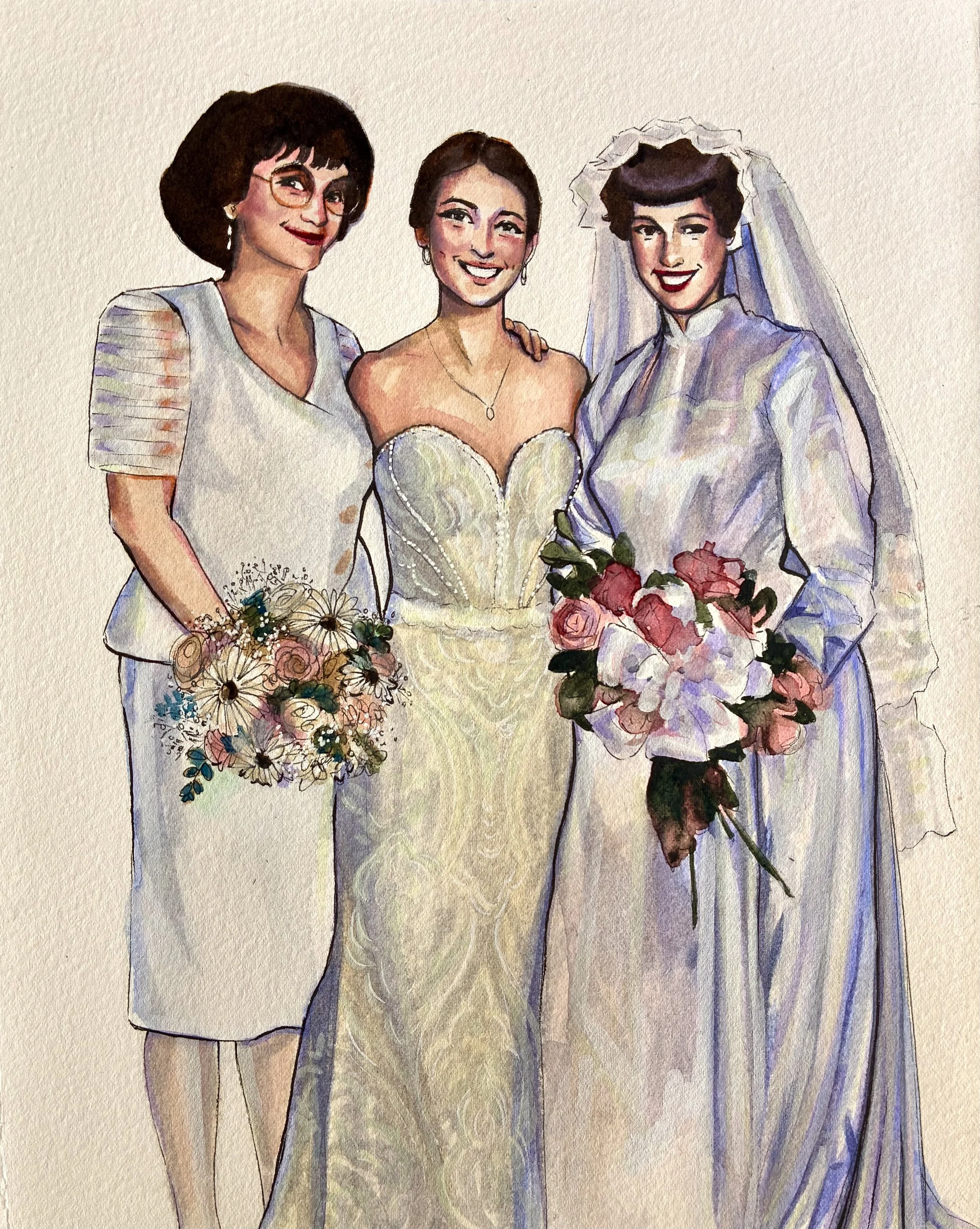 Watercolor painting of three generations of women at their wedding celebration, all in their wedding dresses, each holding a bouquet of flowers. A mother of the bride wedding gift featuring the bride, her mother and grandmother.