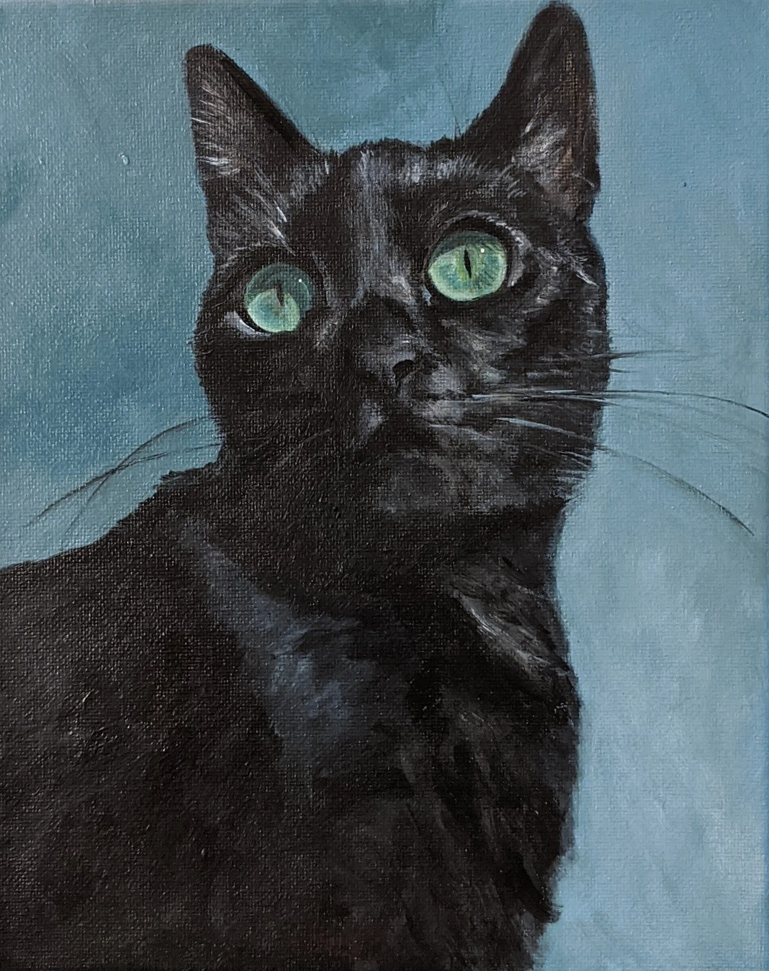 Close-up pet portrait painted in acrylic on vancas of a dog, possibly a pitbull, resting its head on its paws against a blue sky background.