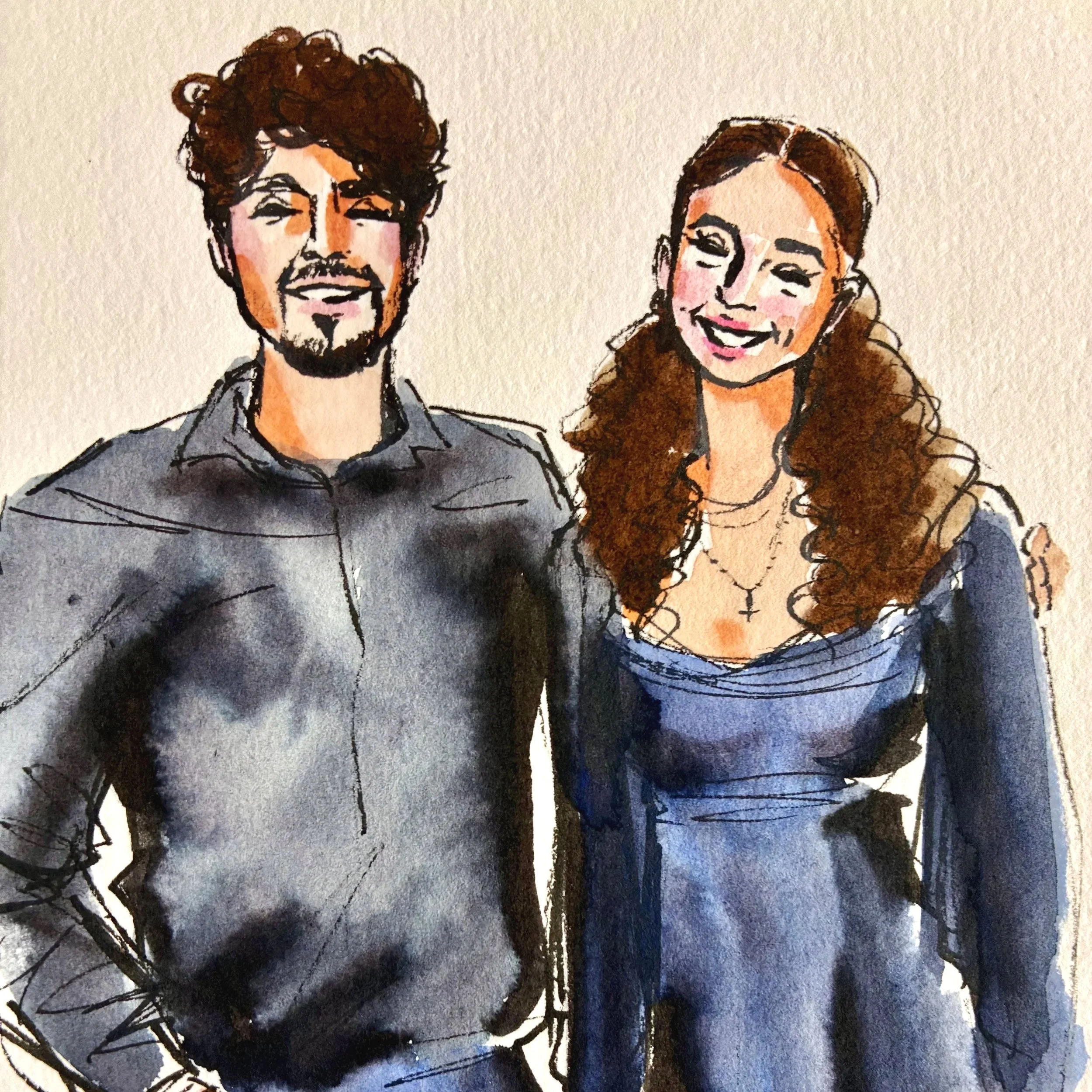 Live Watercolor guest portraits of a couple painted at a wedding in Milwaukee by Nina Lee Fine Art.