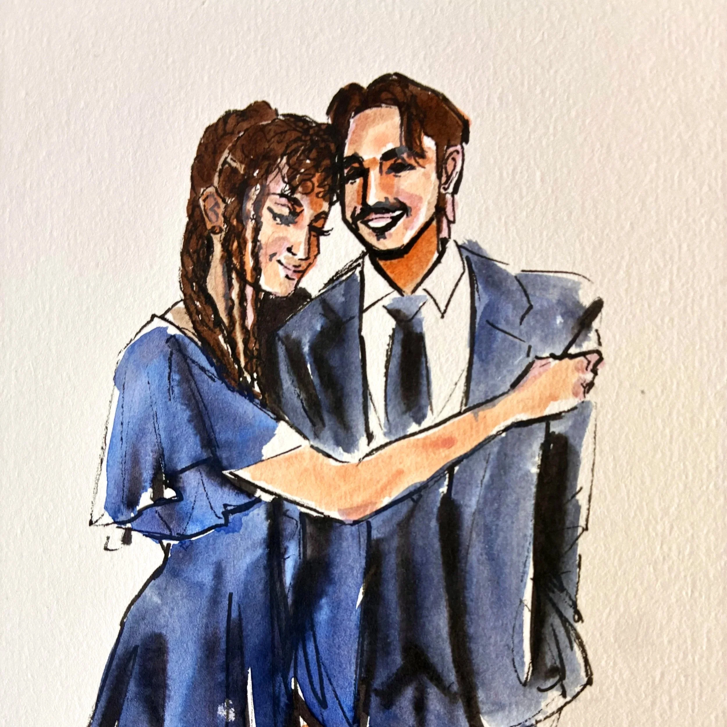 A watercolor illustration of a smiling couple dressed in formal attire, embracing each other with the woman resting her head on the man's shoulder against a plain background. Painted live by Nina Lee Avis at a wedding in Milwaukee, WI.