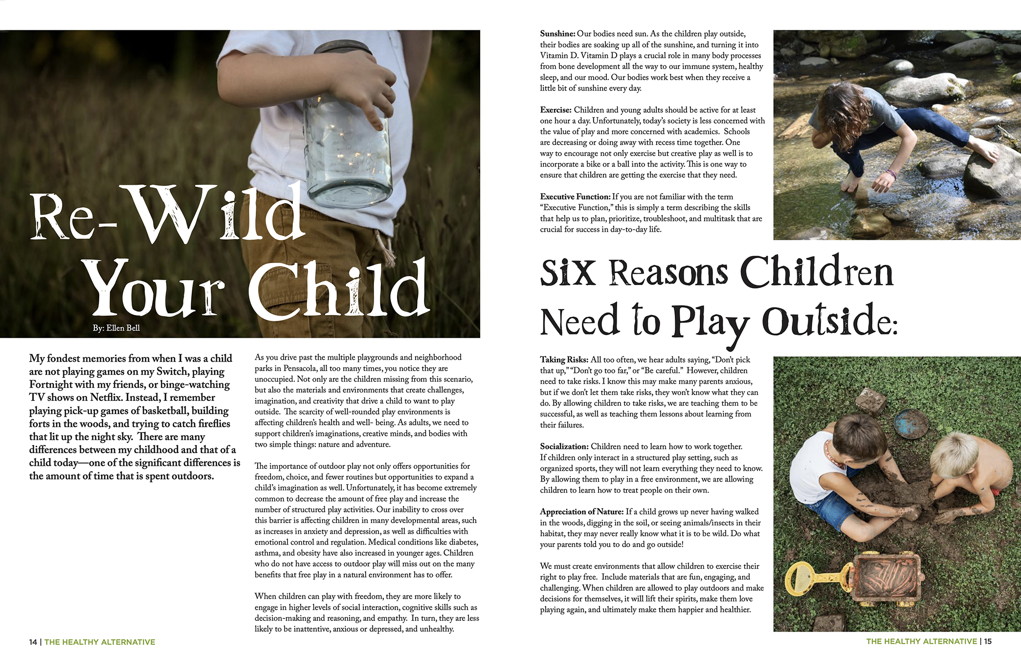 Re-WIld your child article by Ellen Bell. Layout, spread, and design by Jason Marcum.