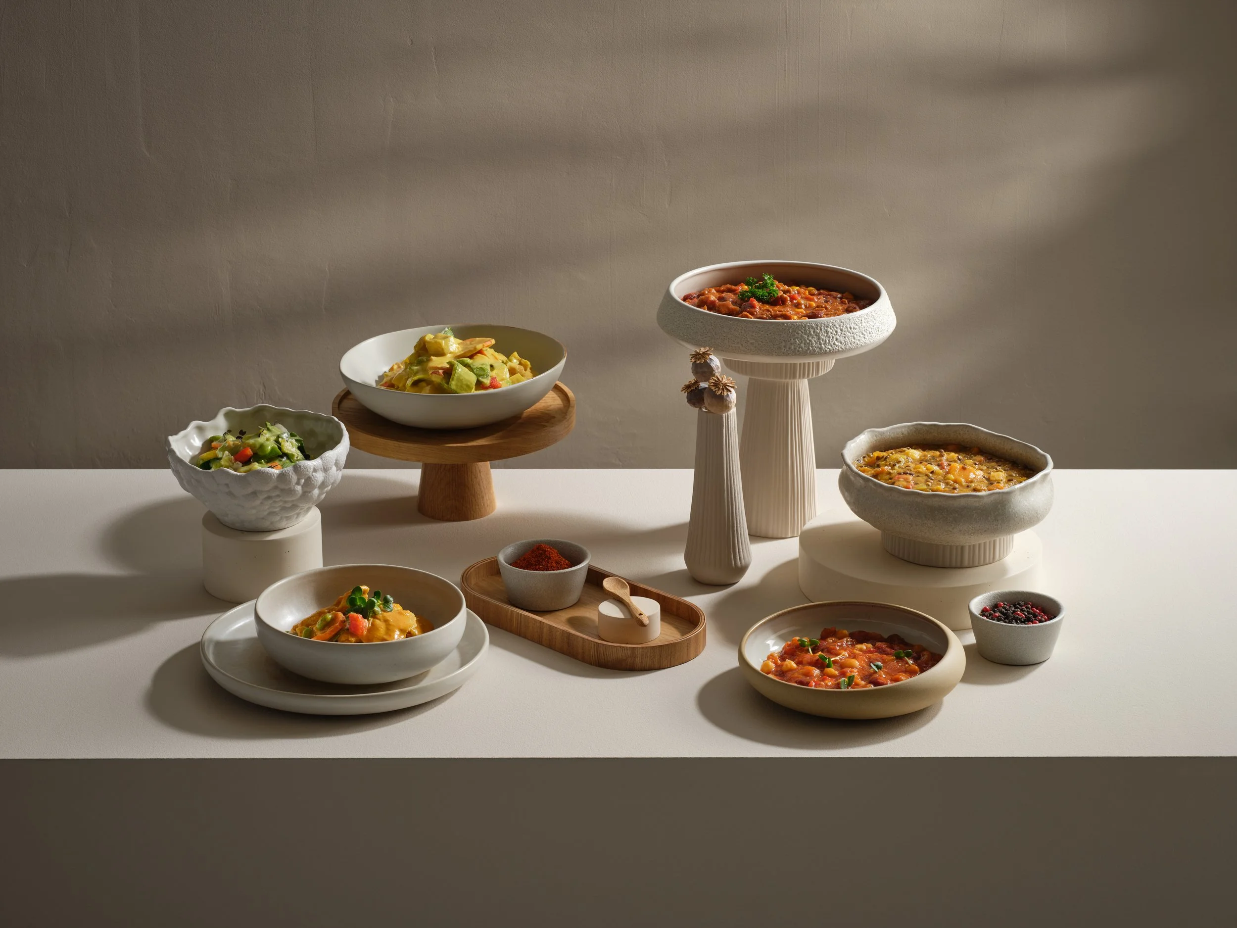 Verschiedene Schalen mit Eintöpfen und Suppen auf weißem Tisch, stilvoll präsentiert, mit dekorativen Elementen und unterschiedlichen Texturen.