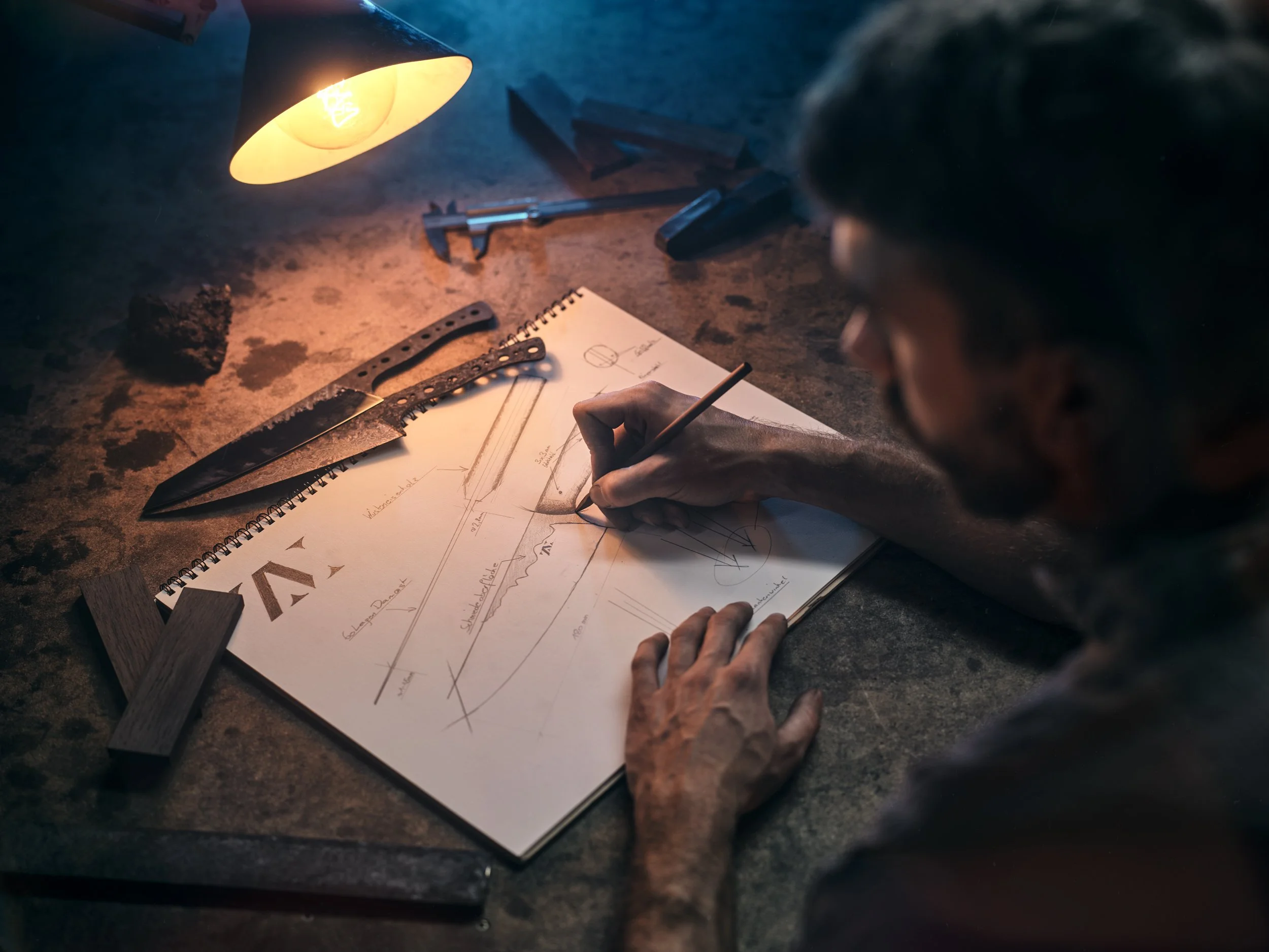 Person zeichnet ein Messerdesign auf einem Skizzenblock auf einem Tisch. Auf dem Tisch befinden sich auch Messer, eine Lampe und Werkzeuge wie ein Messschieber. Die Szene ist stimmungsvoll beleuchtet.