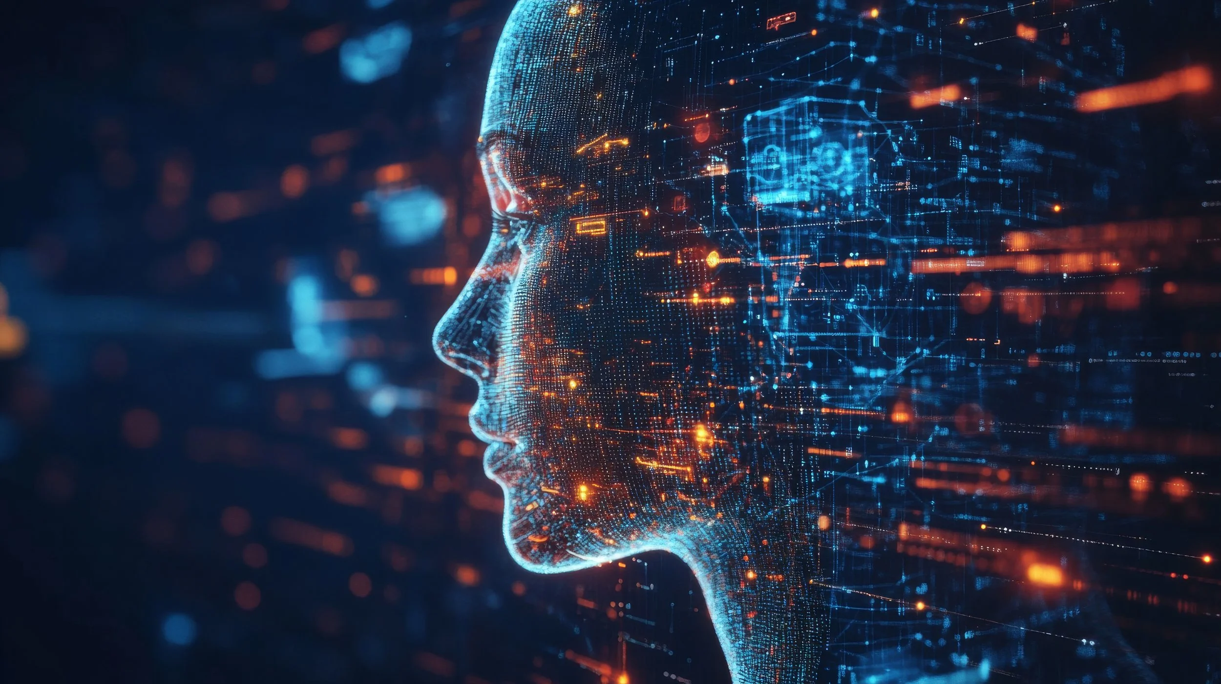 Digital illustration of a human face silhouette made of glowing blue and orange particles, representing artificial intelligence or digital technology.