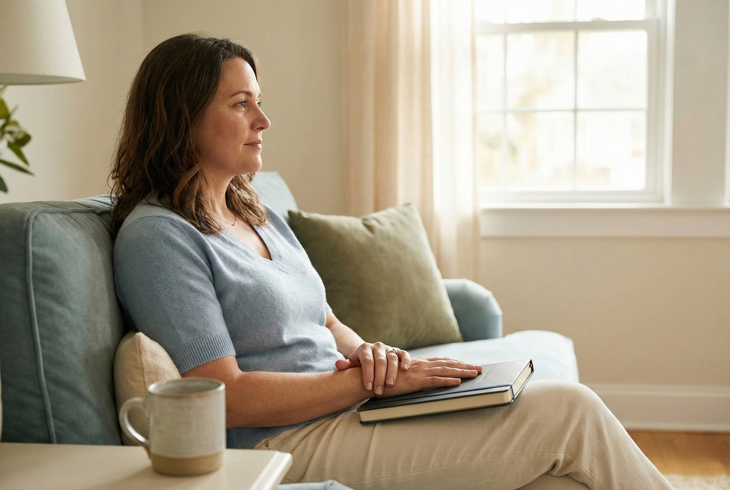 A woman sitting calmly on a sofa with her hands resting on a journal, representing the shift from manic productivity to nervous system regulation. Insight Counseling provides therapy for burnout and anxiety in Santa Cruz, CA (95062) and online.