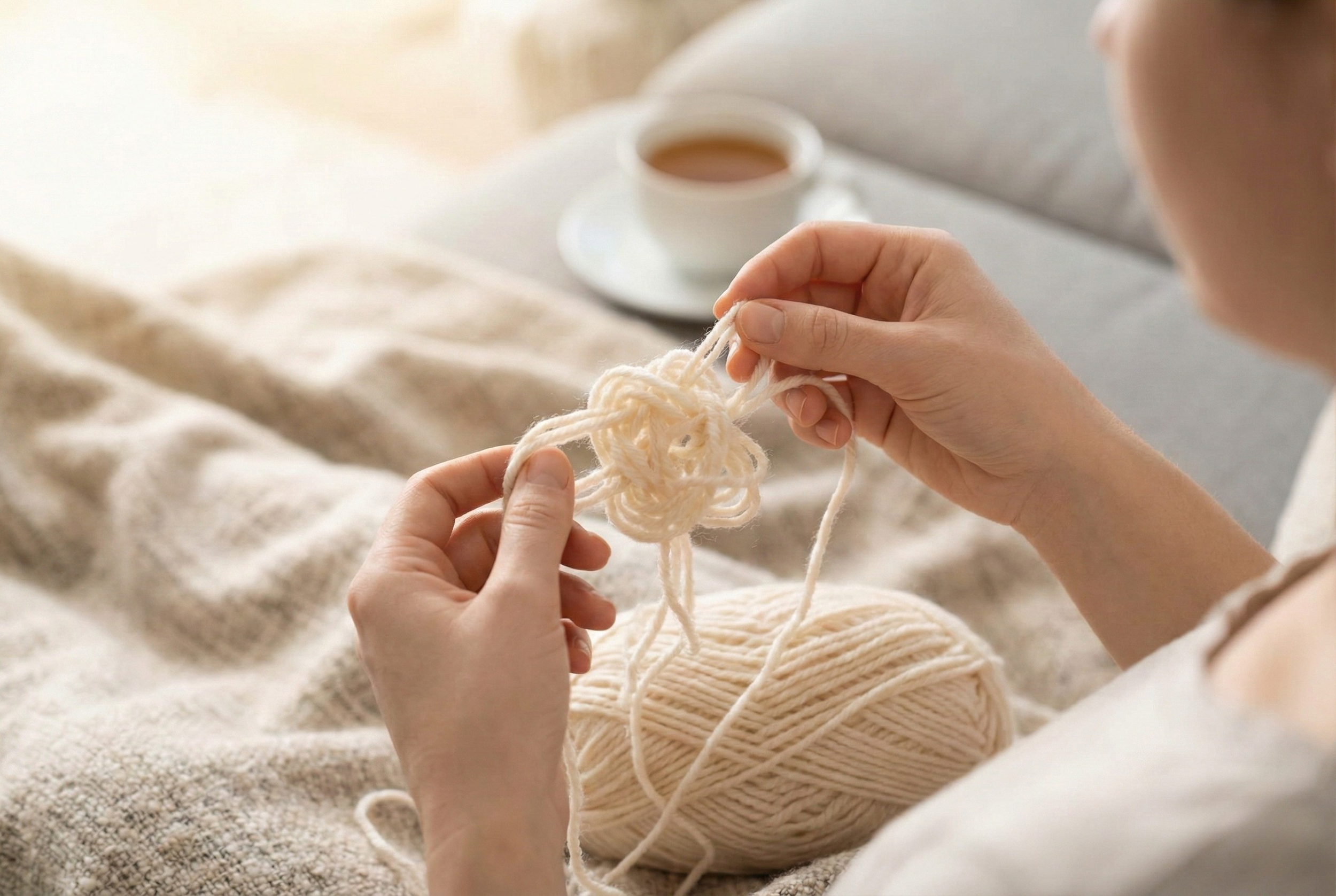 Hands patiently untangling a knot of yarn, symbolizing the process of understanding and managing complex anxiety symptoms in therapy. Macy Chapman, LMFT offers anxiety counseling in Santa Cruz, CA.