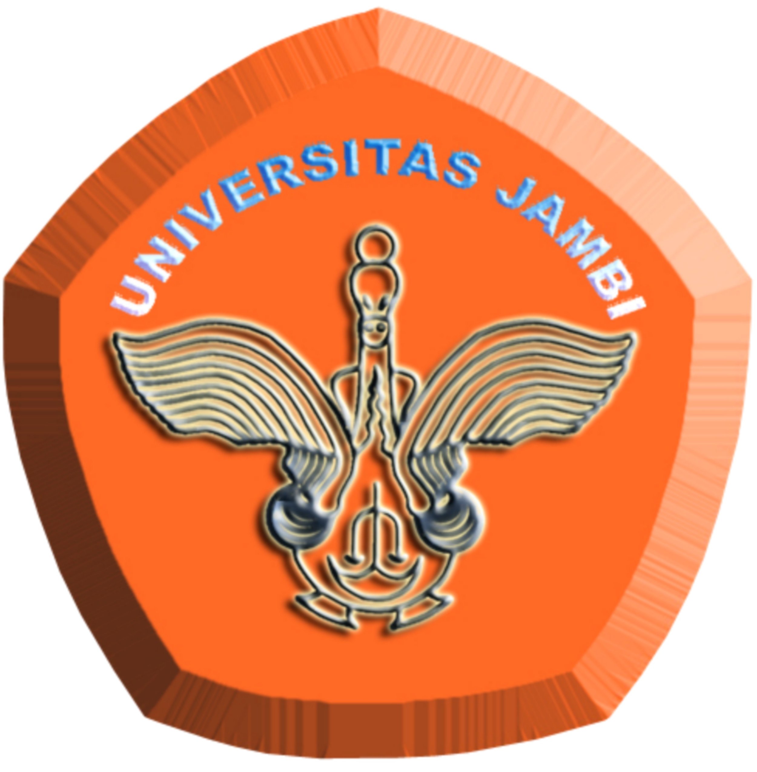Emblem of Universitas Jambi with bird and scrolls on orange shield.
