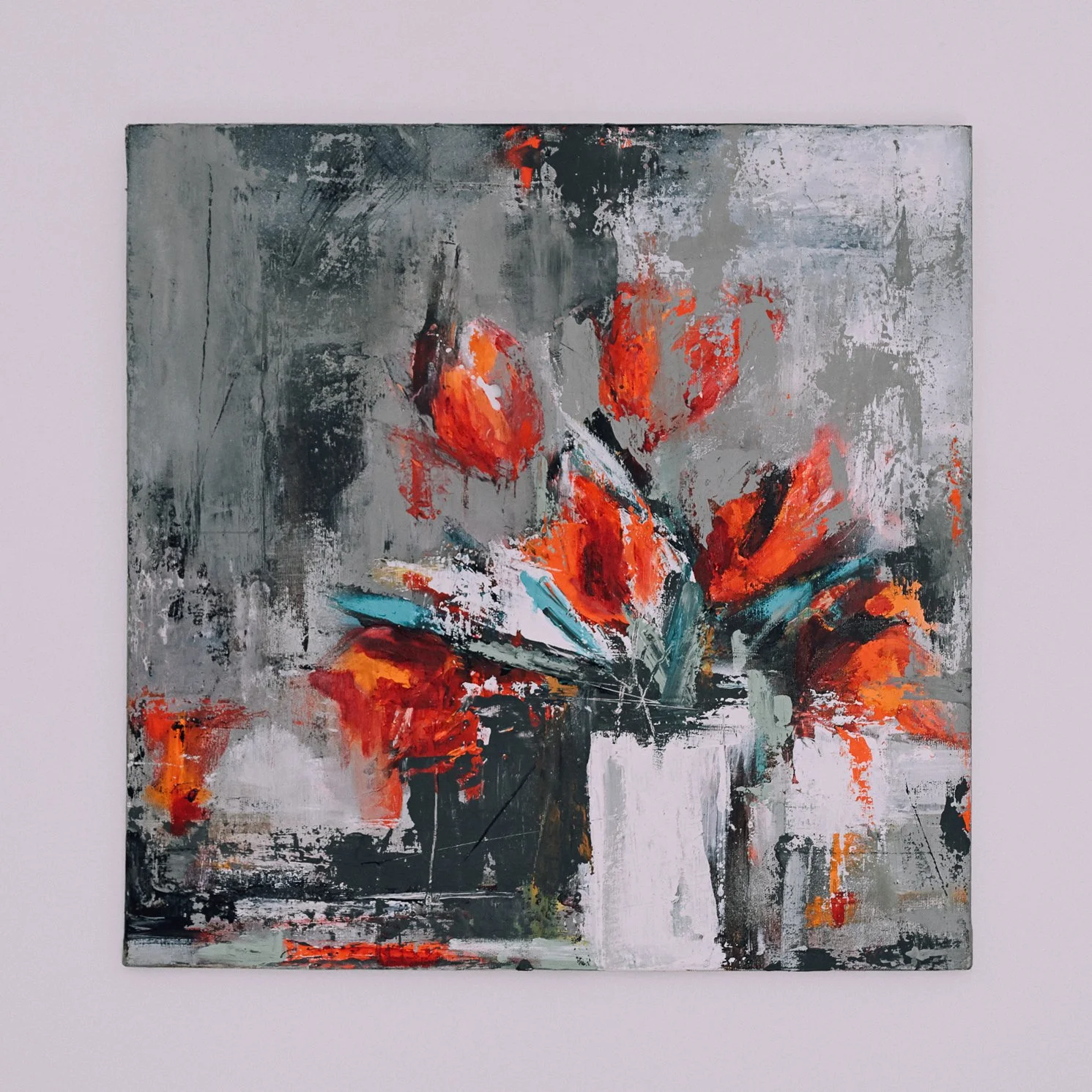 &lsquo;Tulips in Vase&rsquo; | Mixed Media on Board | 53cm x 53cm, &pound;425 unframed

Inspired by the vibrant reds, pinks, and yellows of tulips, this piece captures the way their stems flop gracefully over time in a soft vase. 

I used mixed media