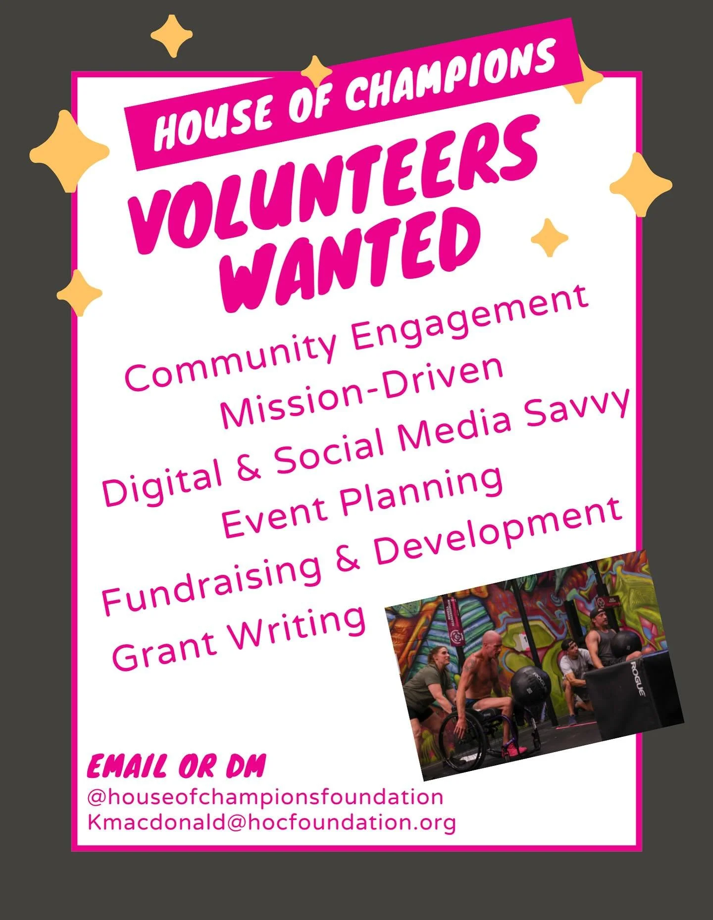 Are you passionate about making a real impact in the adaptive community? House of Champions Foundation is looking for dedicated volunteers! This is a volunteer role (not paid)&mdash;perfect for anyone who wants to use their skills to help others thri