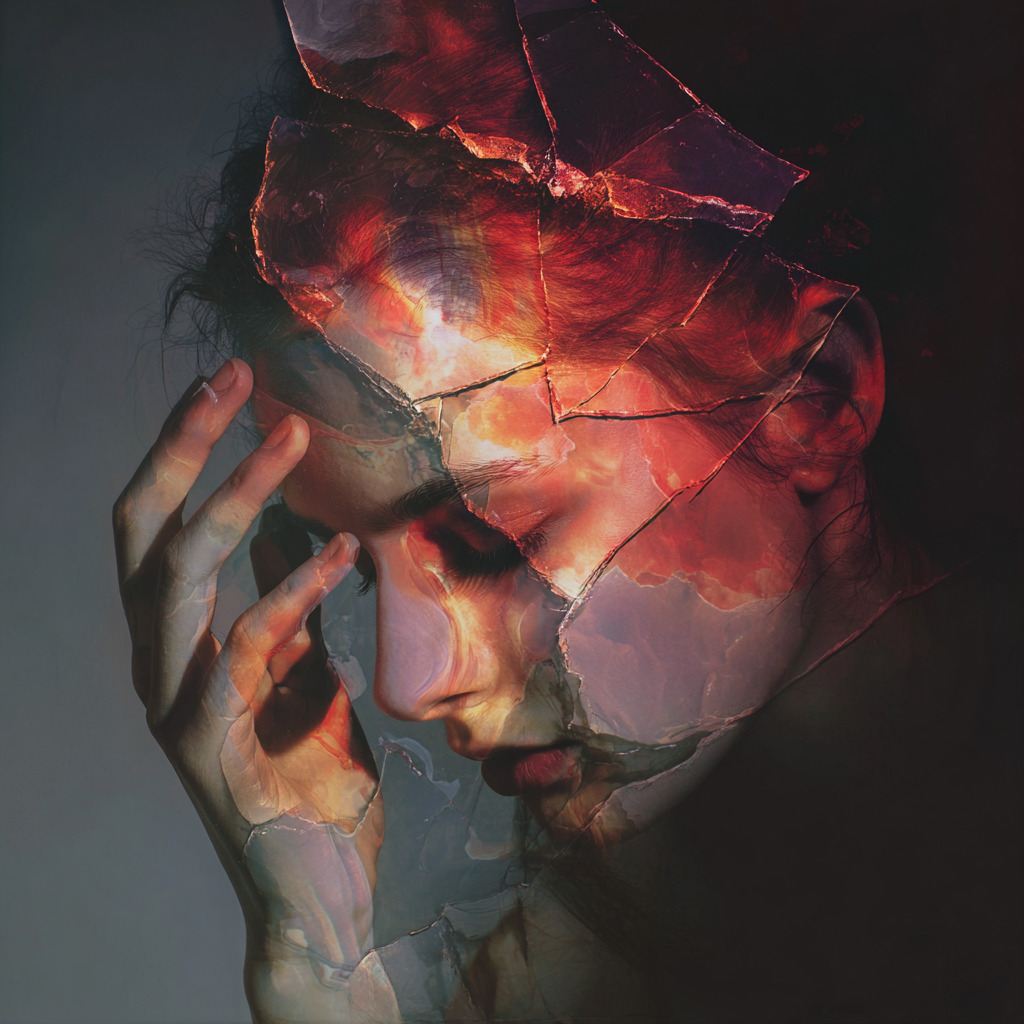 A woman's face with a hand near her temple, overlaid with a visual effect of cracked glass and fiery red hues.