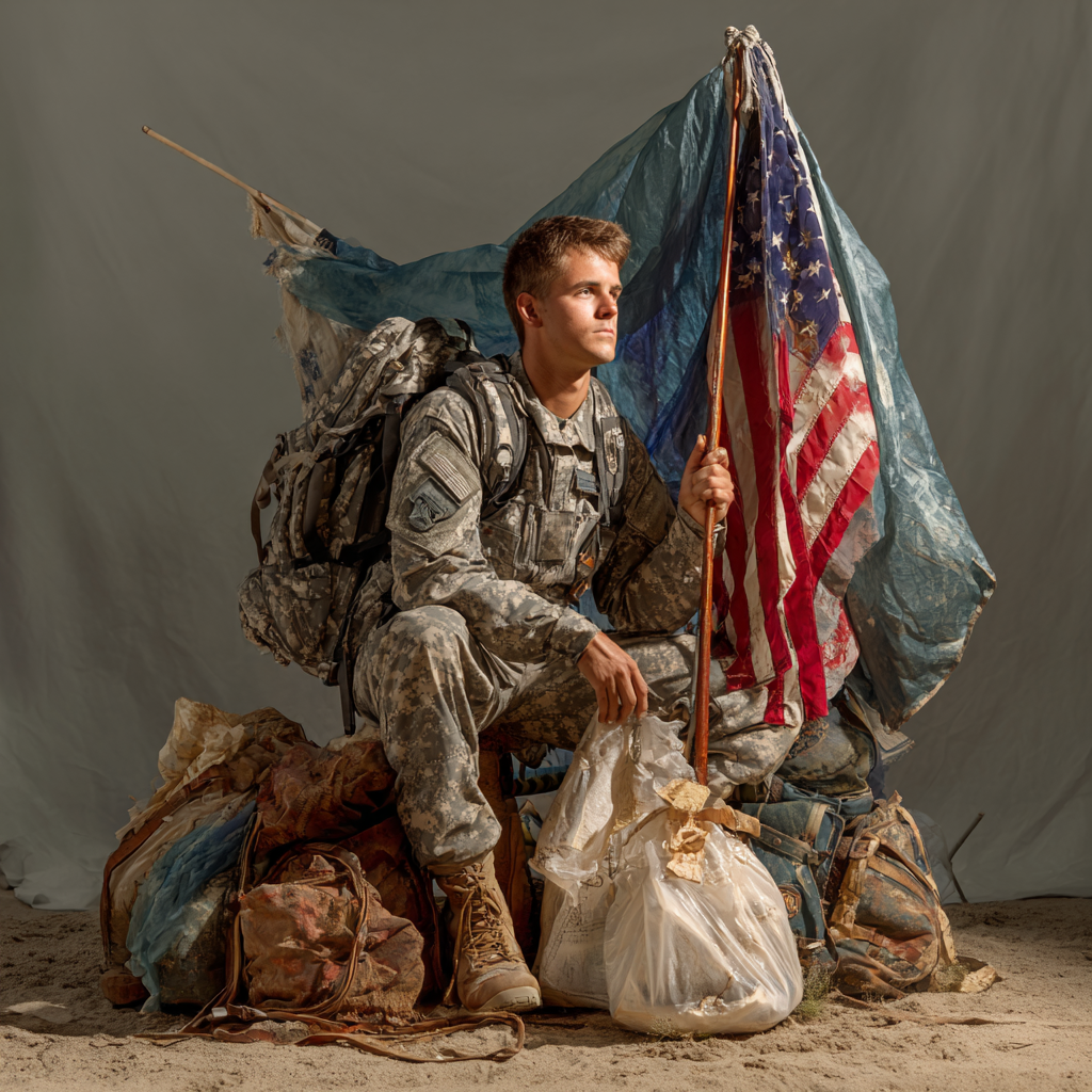 A soldier in camouflage uniform sitting on a pile of sandbags and luggage, holding a tattered American flag, with a makeshift tent behind him.