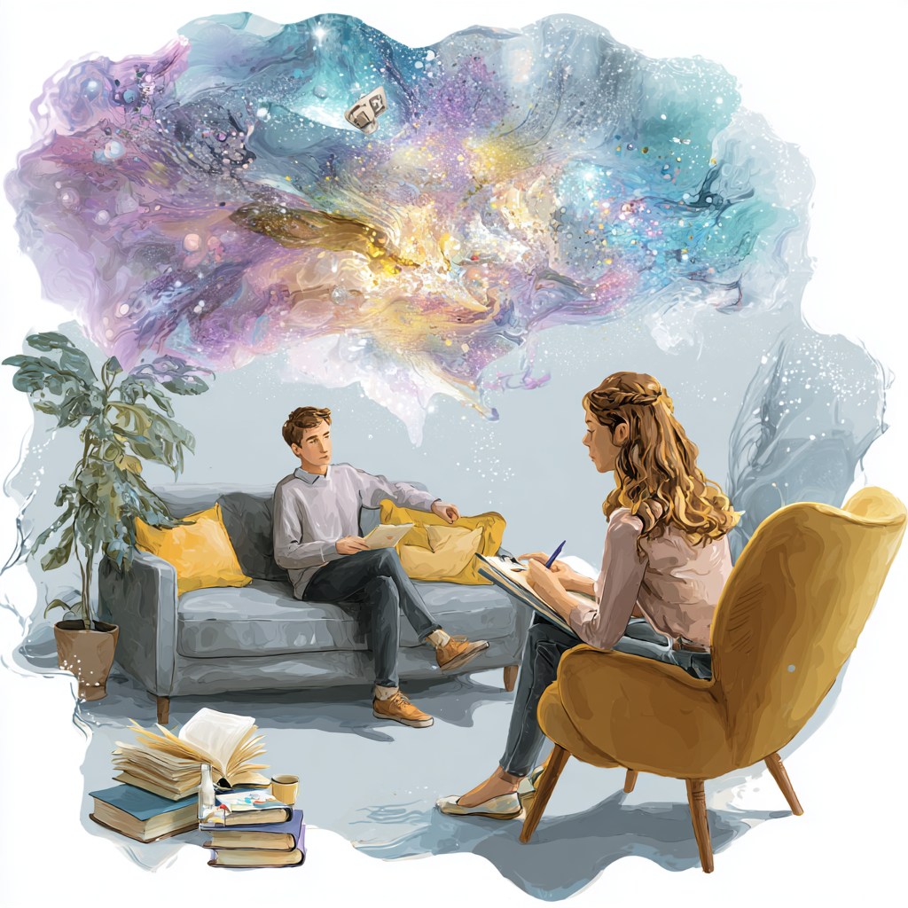 A therapist and patient in a therapy session with a colorful, cosmic thought cloud above them.