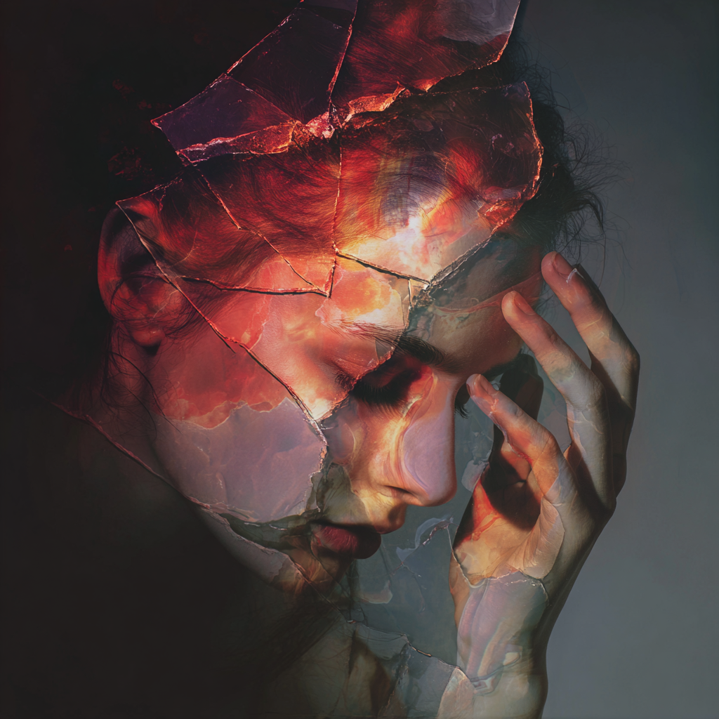 A woman with her face touching her forehead, with a surreal overlay of cracked, glowing rocks or geological formations. Dealing with trauma and PTSD.