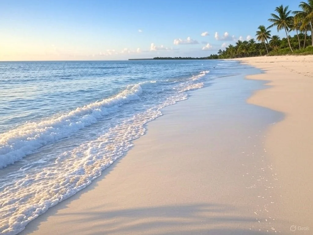 Tropical beach with palm trees, gentle waves, and clear blue sky at sunset.