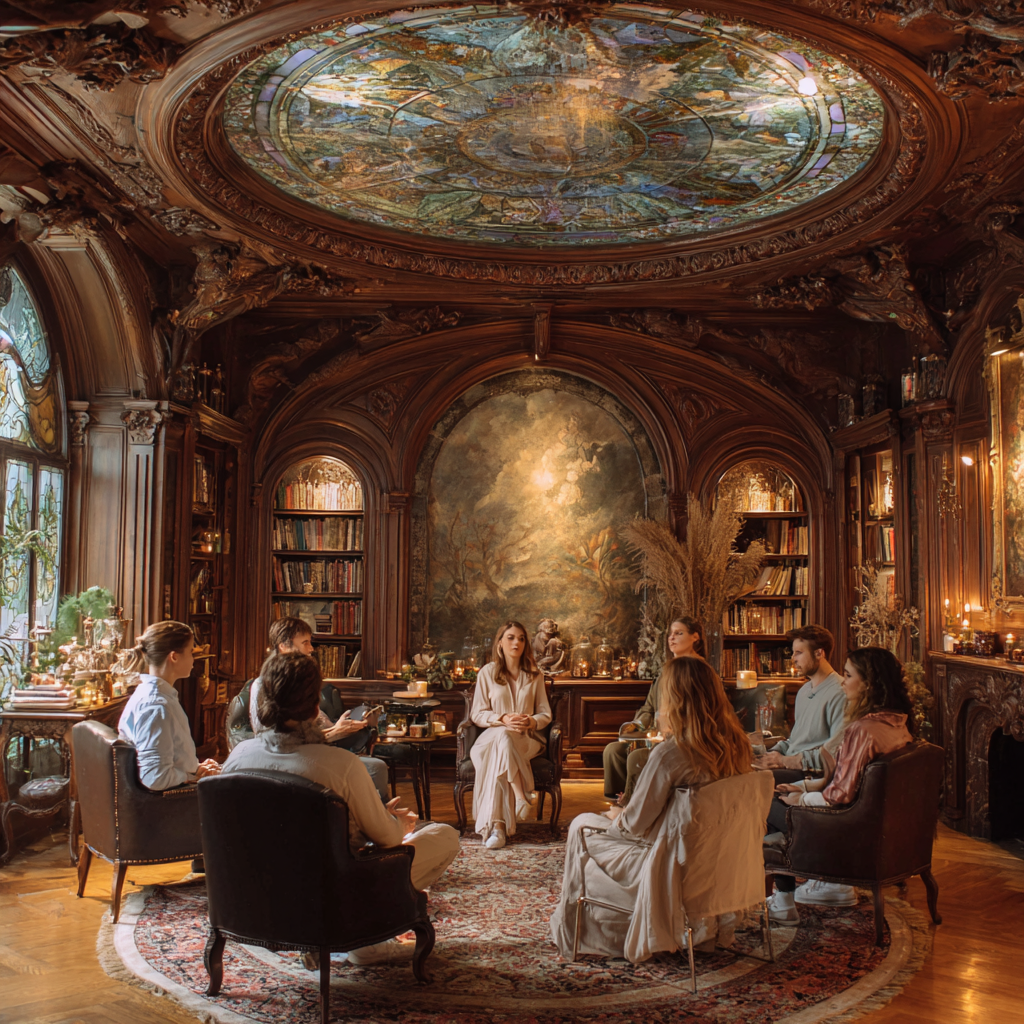 A group of seven people sitting in a circle in a richly decorated, vintage library with dark wood paneling, bookshelves, stained glass windows, and a painted ceiling.