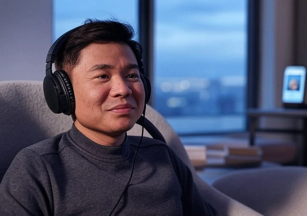 A person wearing headphones sitting in a chair, with a blurred cityscape visible through a window in the background.