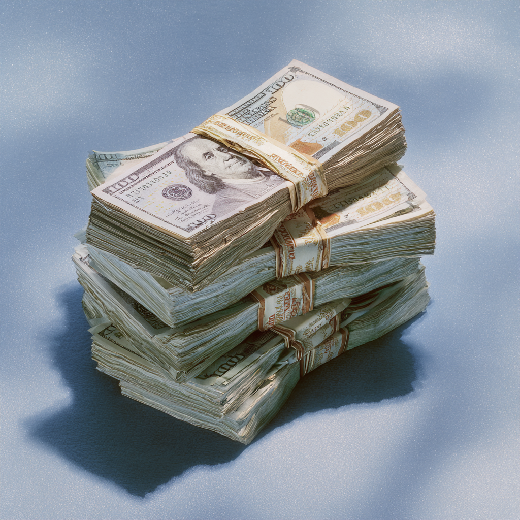 Stacks of US hundred-dollar bills arranged in a pile on a flat surface.