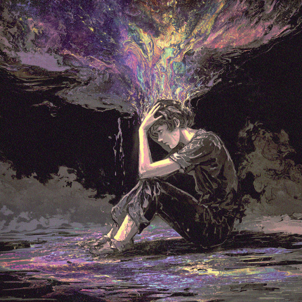 A young person sitting on the ground with their head resting on their hand, with an abstract, colorful explosion emanating from their head.