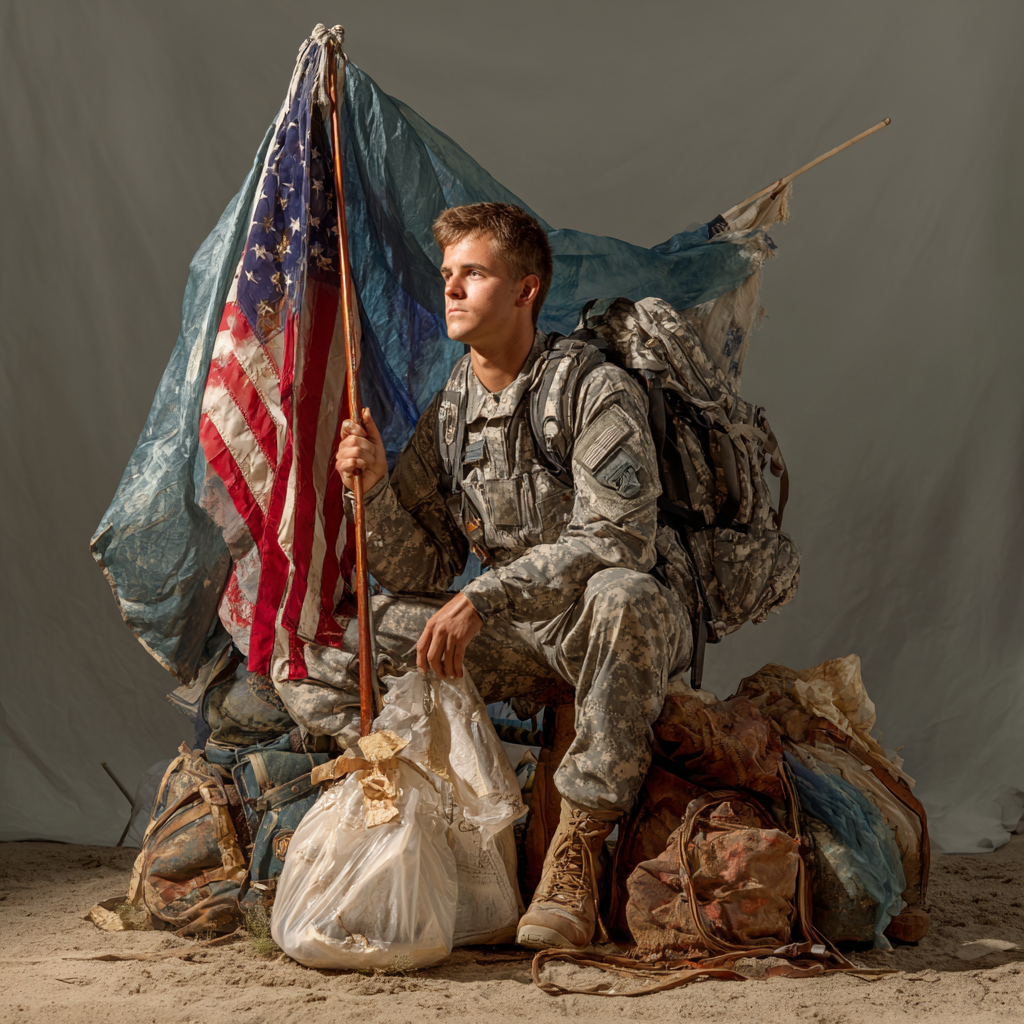 A soldier in military uniform kneeling on the ground holding an American flag with a tattered flag in the background. The soldier has a backpack and surrounded by bags and debris, on a sandy surface.