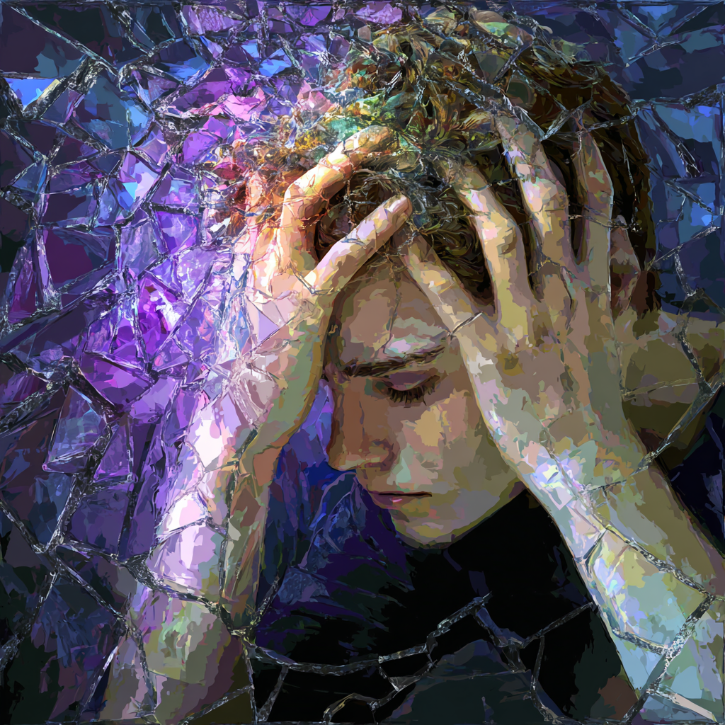 A stylized digital illustration of a young woman with hands on her head, surrounded by multiple images of faces and hands, rendered in shades of purple and black.