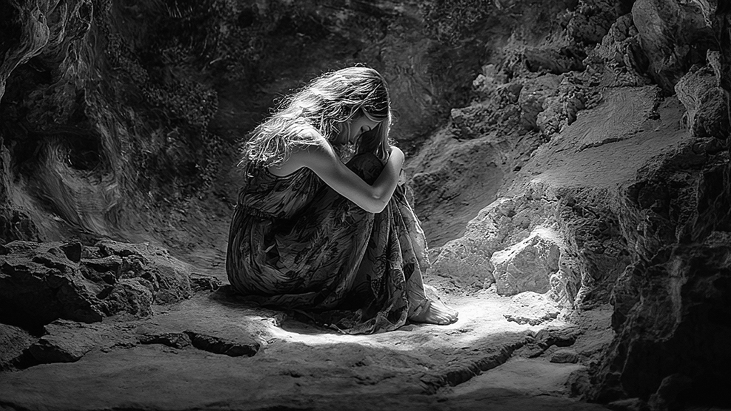 Black-and-white portrait of a young woman with long hair, her eyes closed, and hands placed on her temples, appearing to be in distress or deep thought.