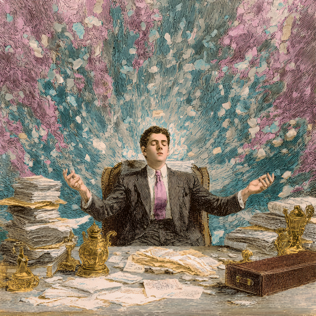 A man in a suit sits at a cluttered desk with stacks of papers and golden decorative items, with a colorful, radiant background.
