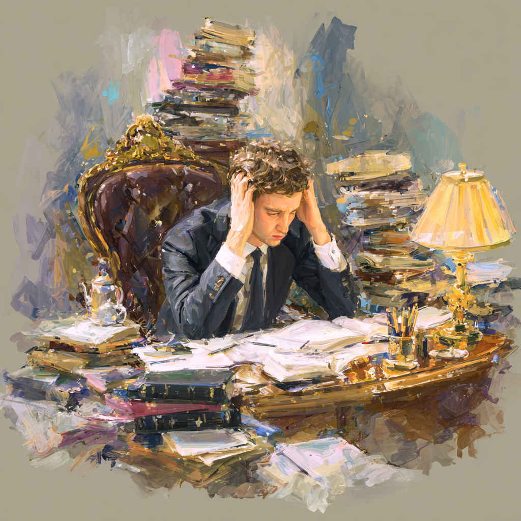 A young man in a suit sitting at a cluttered desk overwhelmed with piles of papers and books, holding his head in frustration. There are stacks of books behind him, a lamp on his right, and a glass of water on his left.