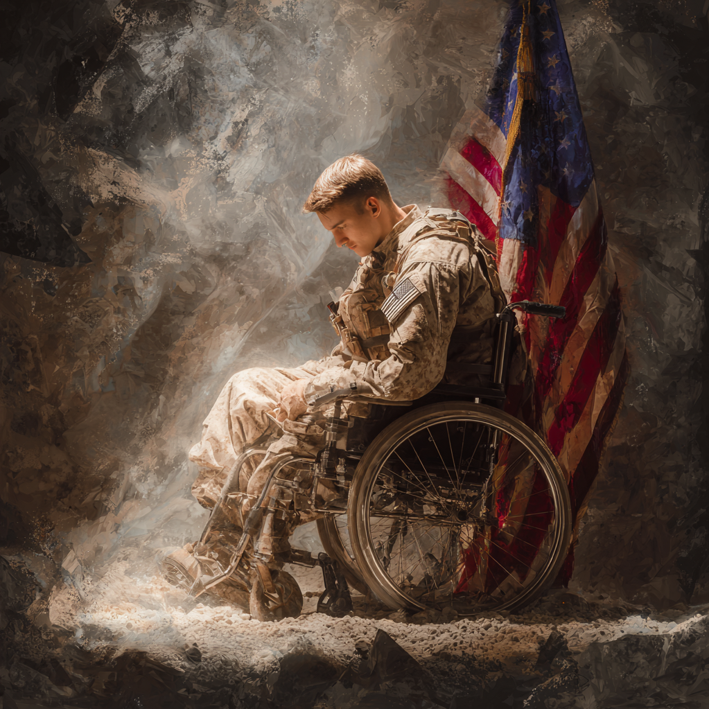A soldier in a wheelchair next to an American flag, sitting with head bowed in a somber setting.