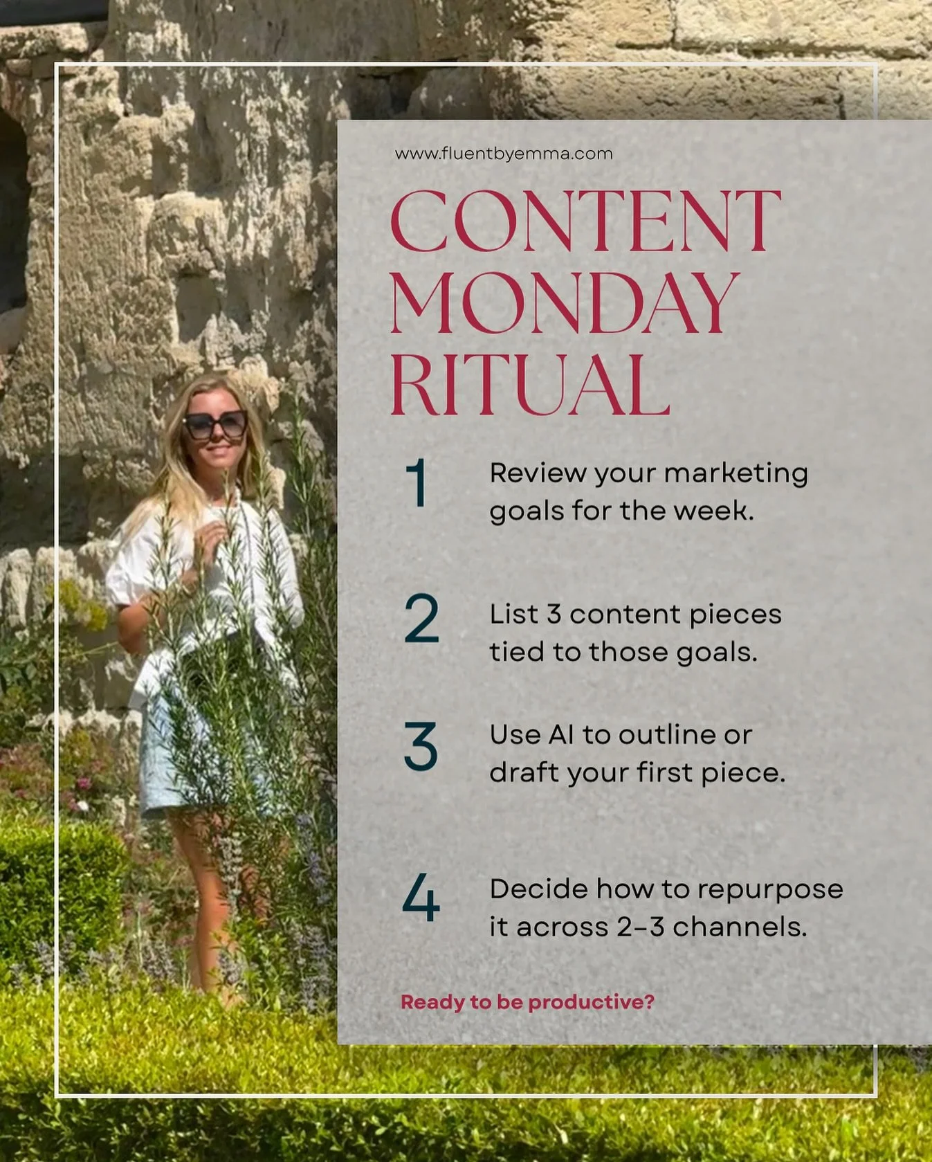 One of the easiest ways to make your marketing feel less chaotic? Build a Monday ritual.

Here&rsquo;s one I recommend to clients (and use myself):

The 30-Minute Content Kickstart:

🧠 Review your marketing goals for the week
📓 List 3 content piece