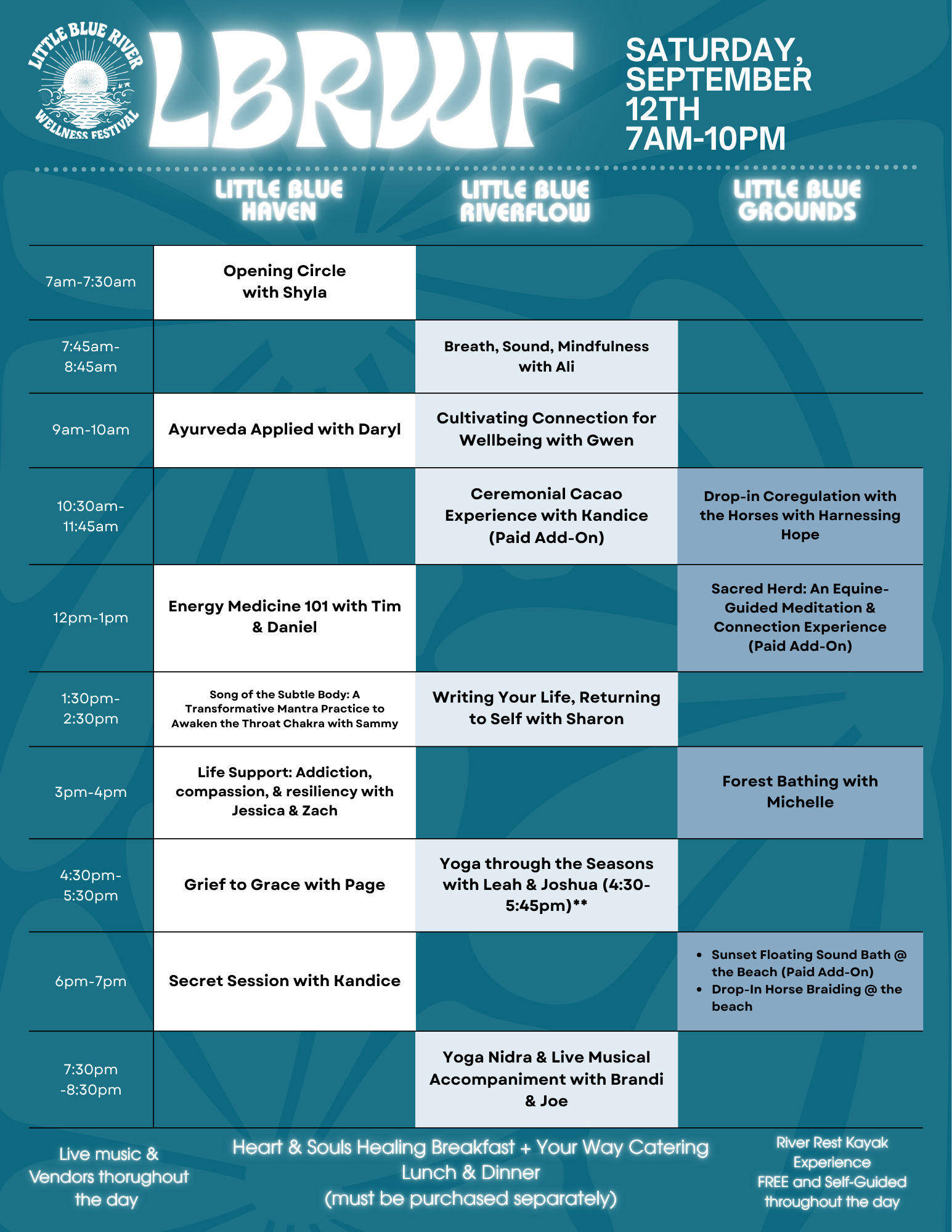 Event schedule at Little Blue River Wellness Festival on Saturday, September 12th from 7AM to 8:30PM, with activities including circles, workshops, music, and wellness sessions, all on a blue-themed background.