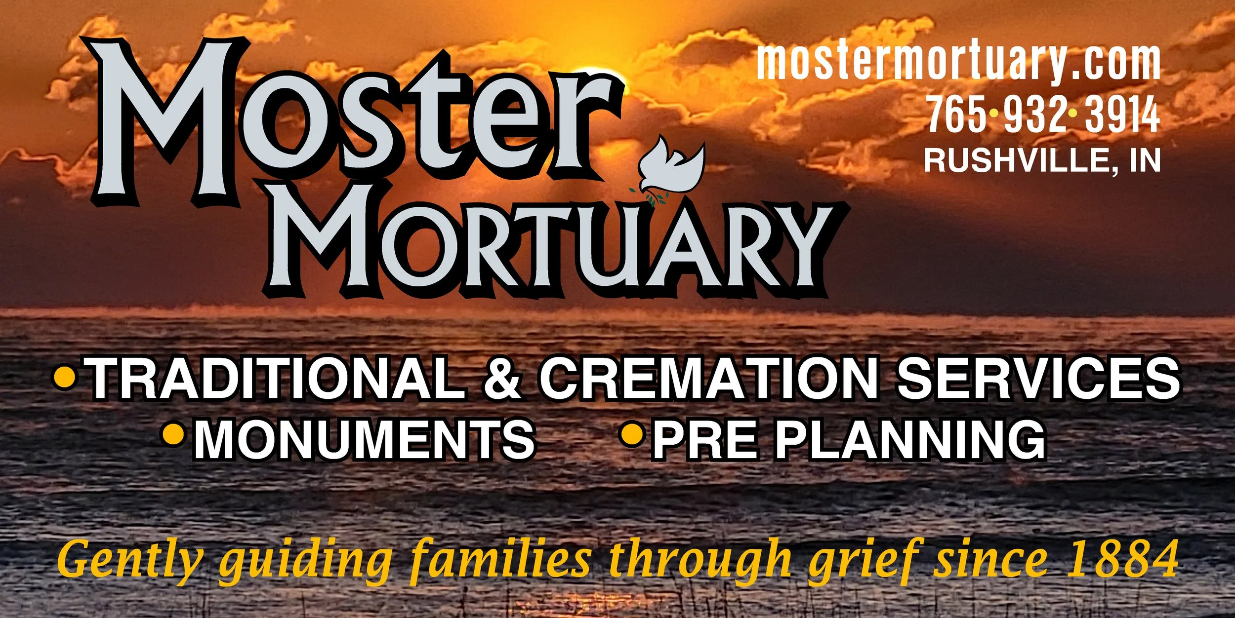 A sunset over the ocean with orange clouds and reflections on the water. Overlaid text advertises Master Mortuary, a funeral home in Rushville, Indiana, offering traditional and cremation services, monuments, and pre-planning, with a phone number and website.