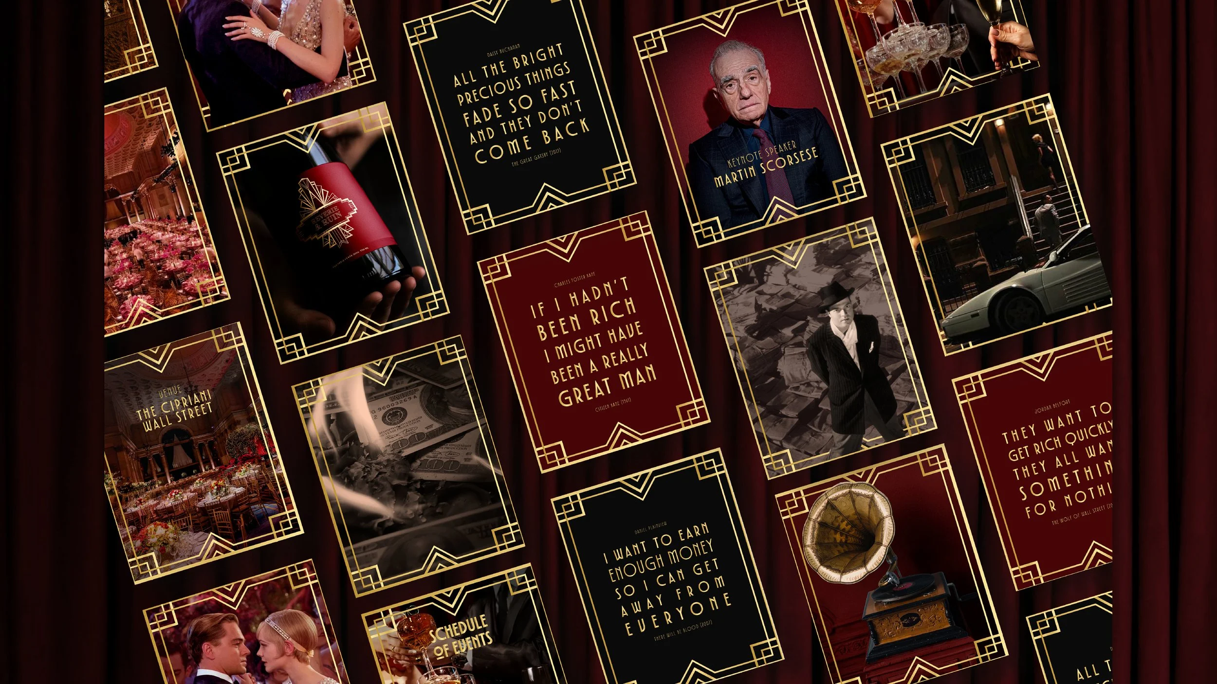 Collage of framed images and quotes on a red curtain background, including photographs of elegant settings, vintage items, and famous personalities, with decorative gold borders.