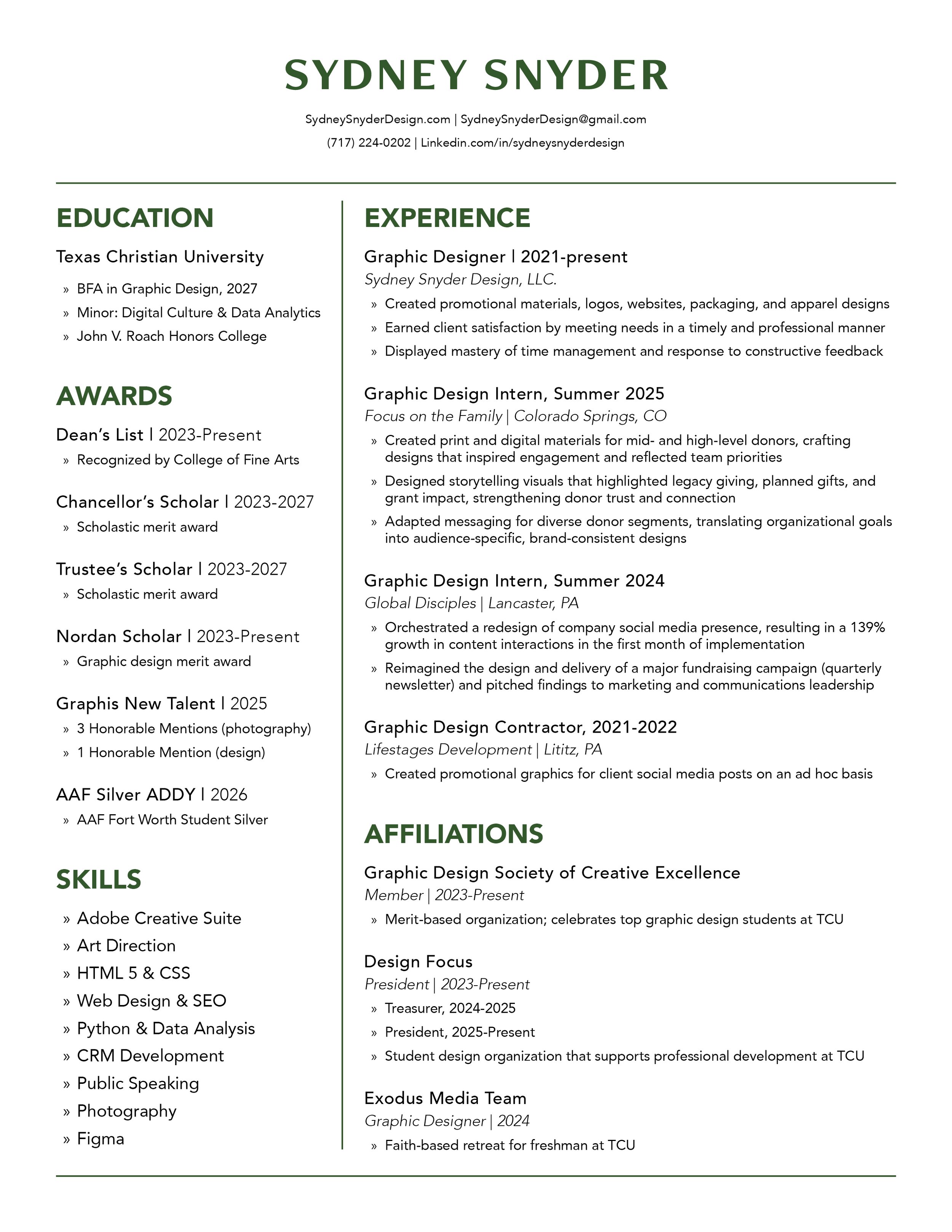 Resume of Sydney Snyder featuring sections on education, experience, awards, skills, and affiliations, with headers in green and text in black on a white background.
