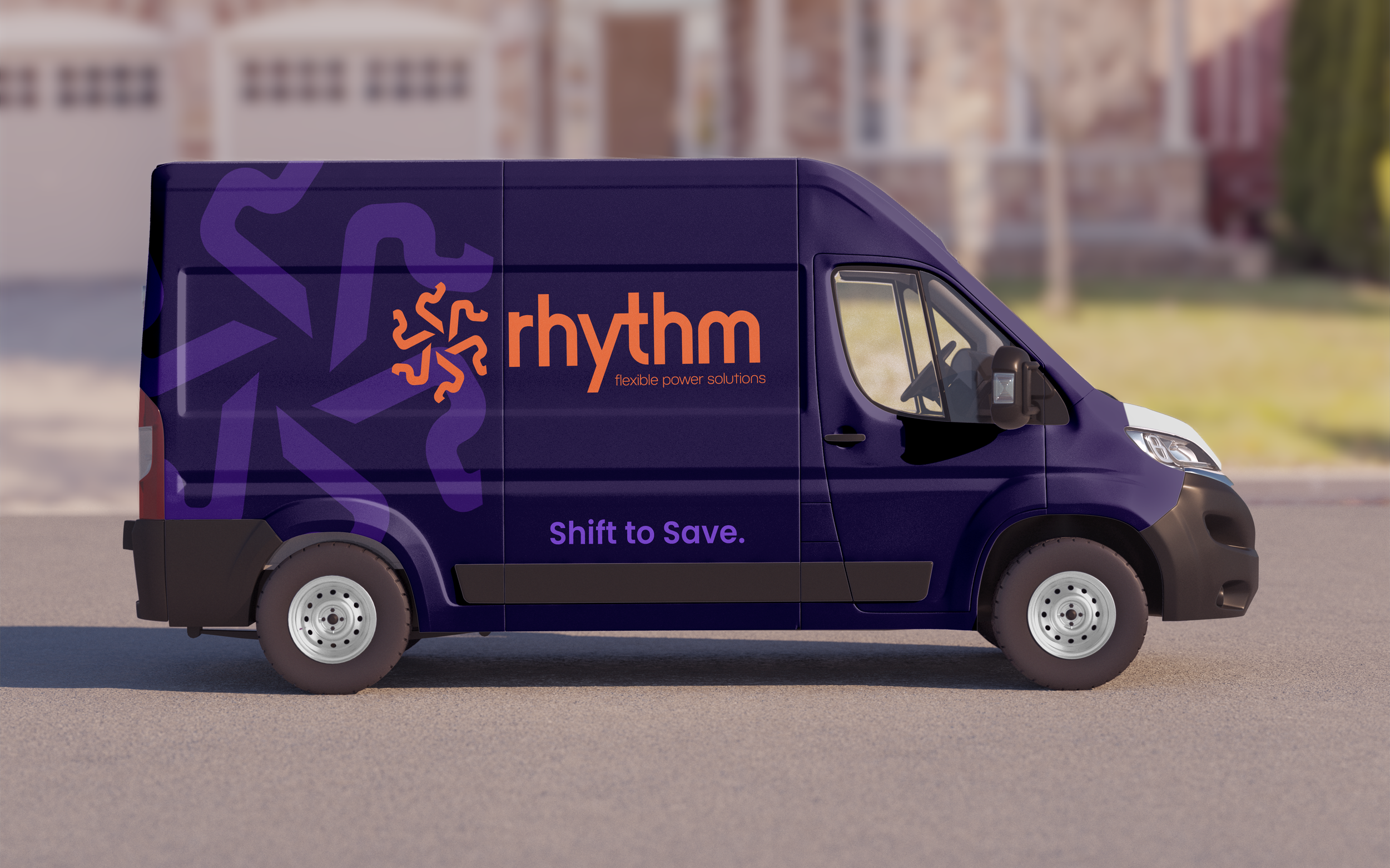 A purple delivery van with 'rhythm' logo and slogan 'Shift to Save' parked on the street in front of residential buildings.