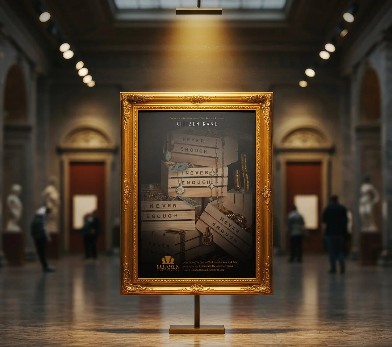 An art display in a museum with a gold ornate frame showcasing a poster about citizen Kane, featuring stacks of books with "Never Enough" written on them, chains, pocket watches, and dollar bills.