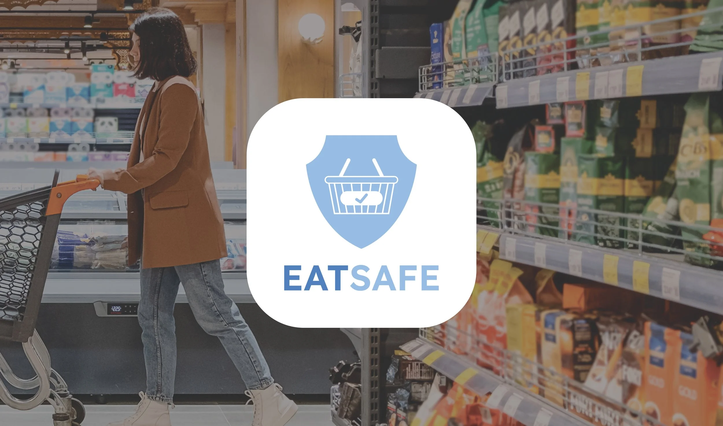 A woman shopping in a grocery store, pushing a cart and selecting items from the shelves. The store has organized grocery shelves with various products.