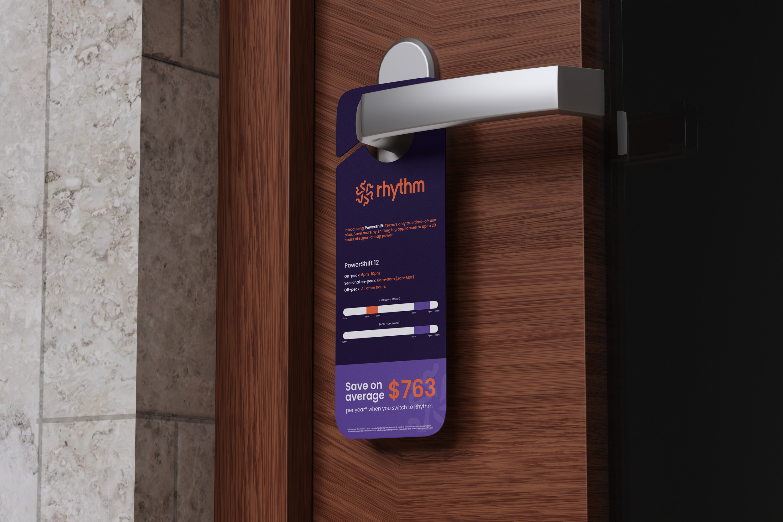 A purple promotional door hanger with information about Rhythm PowerShift, a schedule for peak and off-peak hours, and a claim of $763 savings.