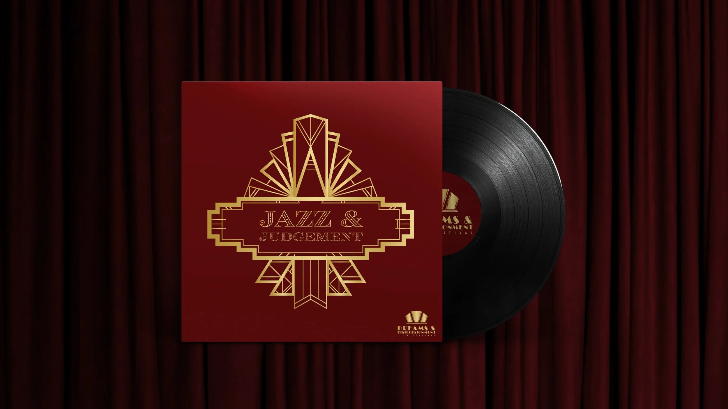 Vinyl record and red cover with gold art and text, set against a red velvet curtain background.