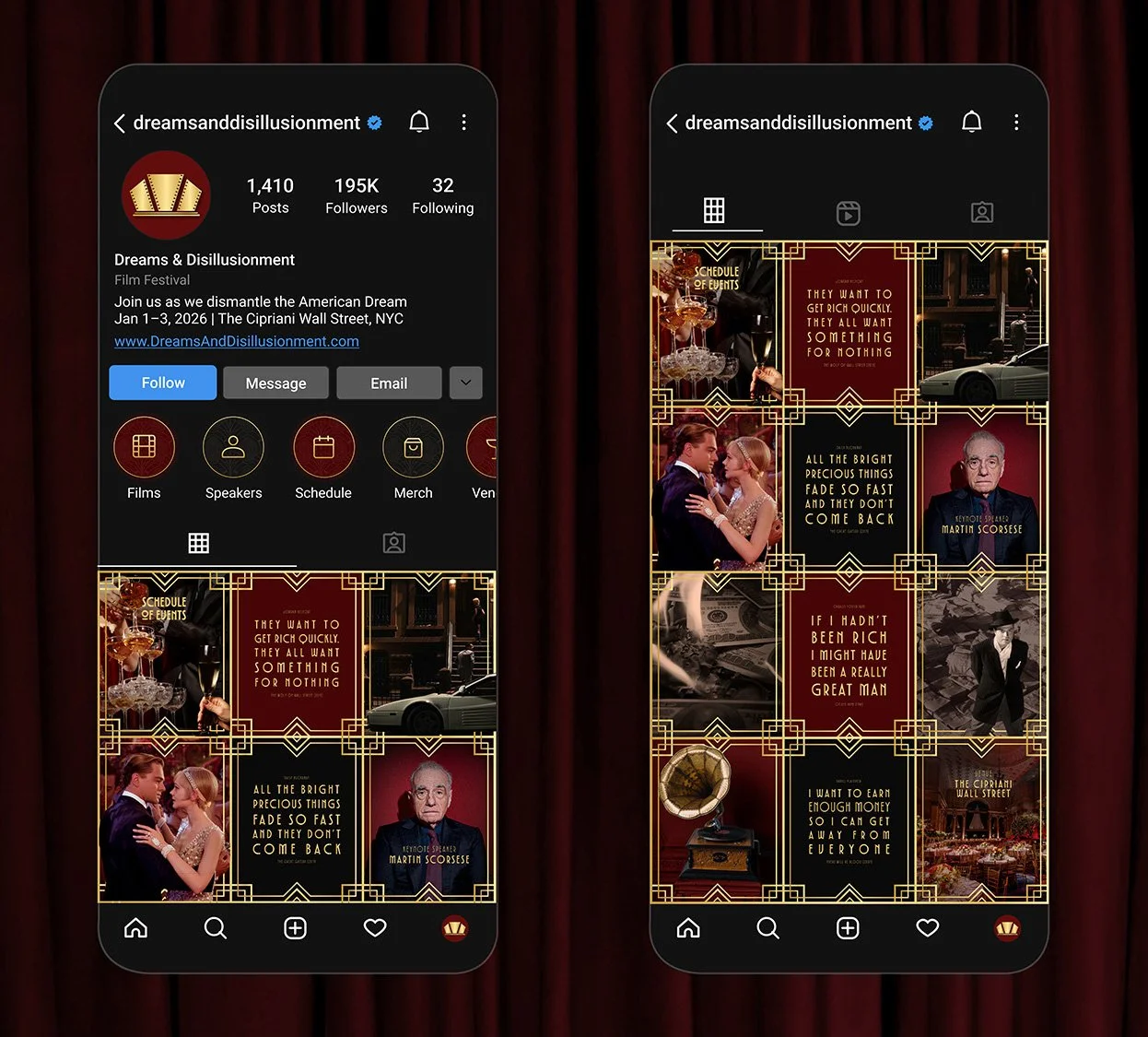 Instagram profile page for Dreams & Disillusionment film festival with event schedule and promotional images featuring quotes and vintage themes.