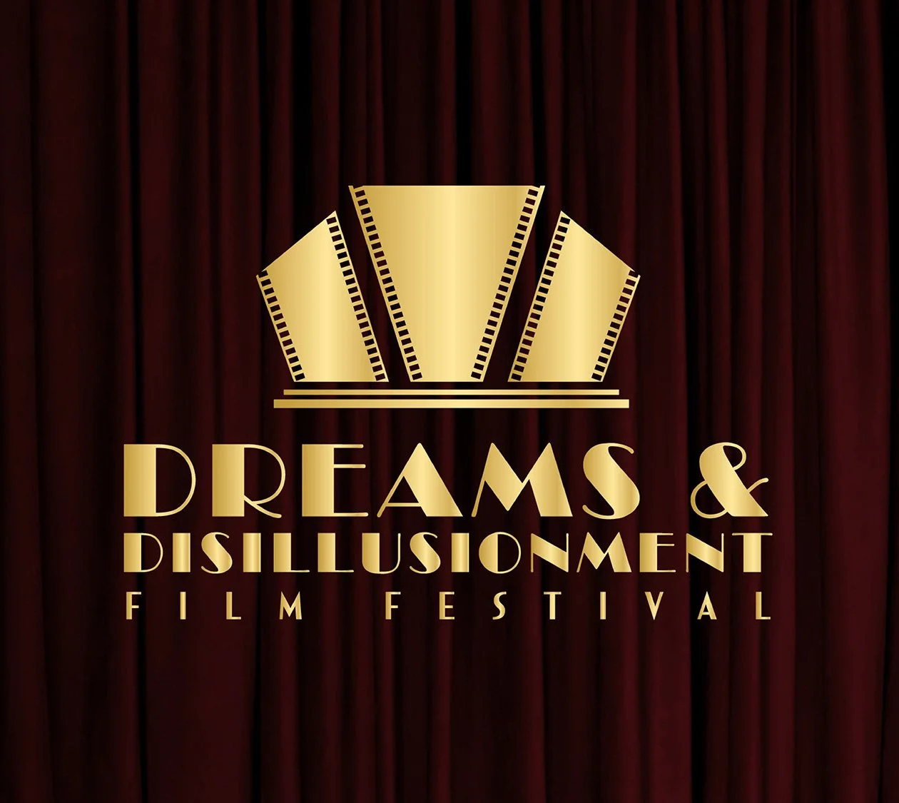 Gold logo for Dreams & Disillusionment Film Festival with a stylized film strip and red velvet curtain background.