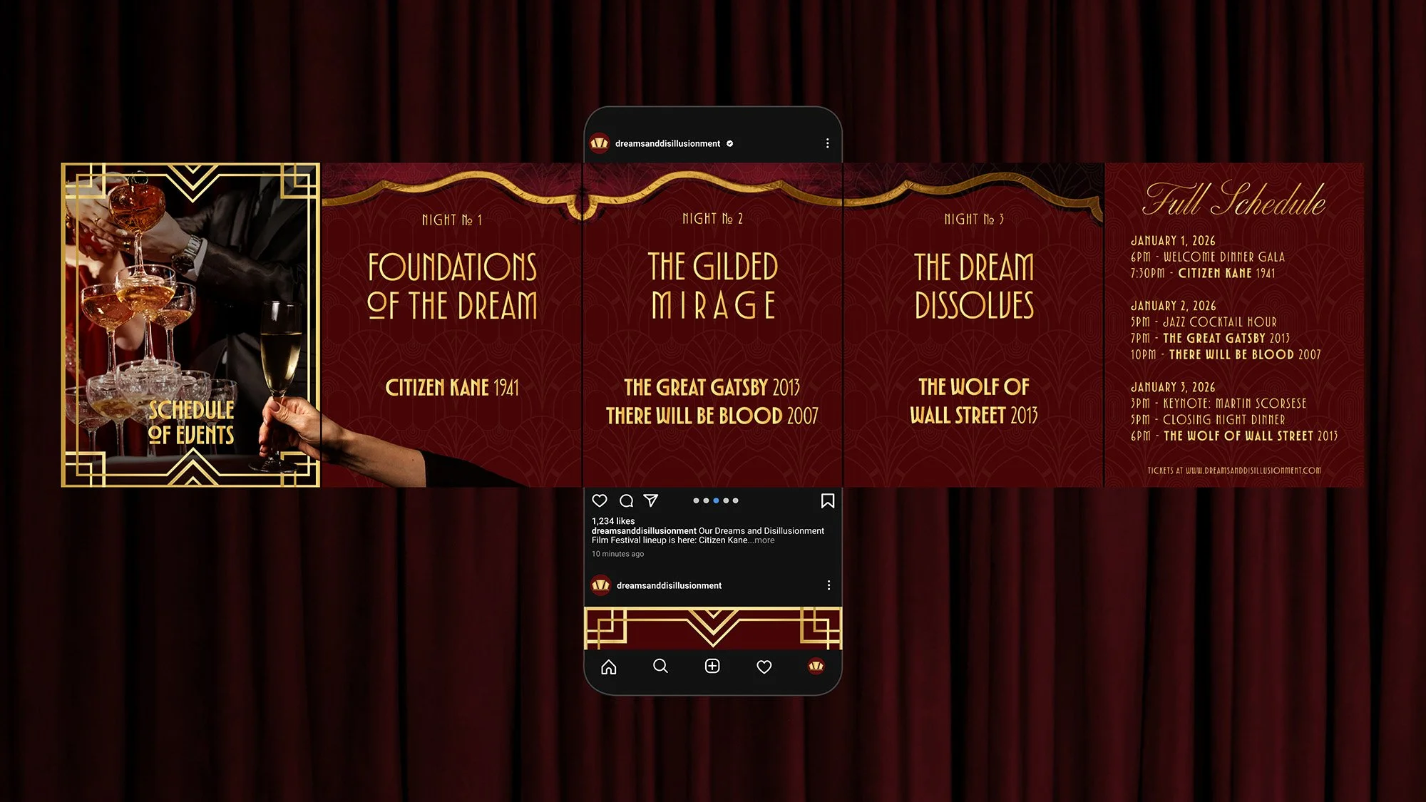 Event schedule for a film festival, featuring three nights with different themes and films, and full event details including dates, times, and activities, set against a red curtain background.