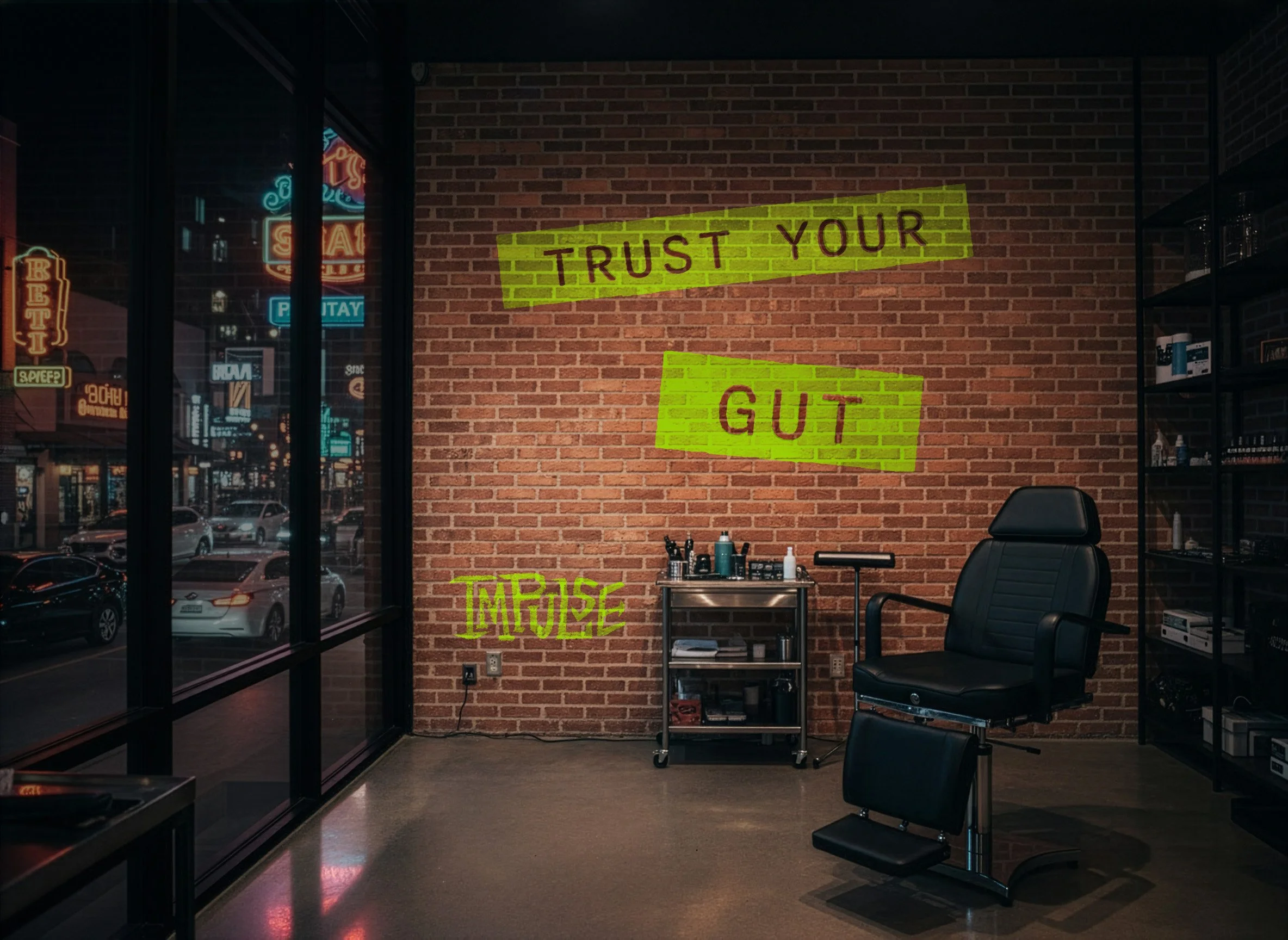 A tattoo studio with a brick wall featuring the phrases "Trust Your Gut" and "Improve" in bright green text. There is a black tattoo chair, a metal cart with tattoo supplies, and large windows showing a city street with cars and neon signs outside.