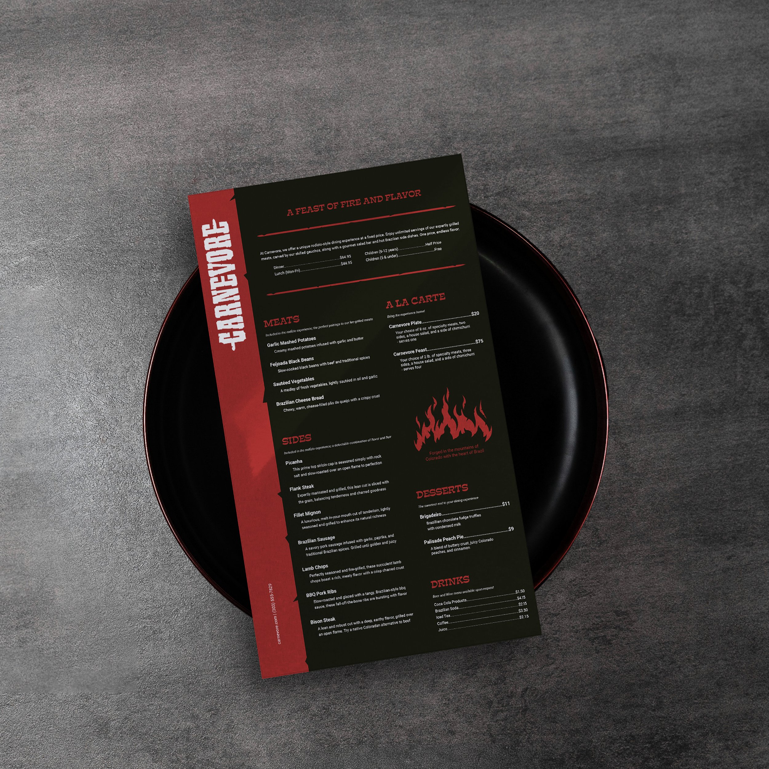 A black menu with red accents and white text, titled 'CARNAVAL PEVRE'. It features sections for 'A FEAST OF FIRE AND FLAVOR', 'MEATS', 'SIDES', 'A LA CARTE', 'DESSERTS', and 'DRINKS'. The menu is placed on a black circular tray on a gray surface, wit