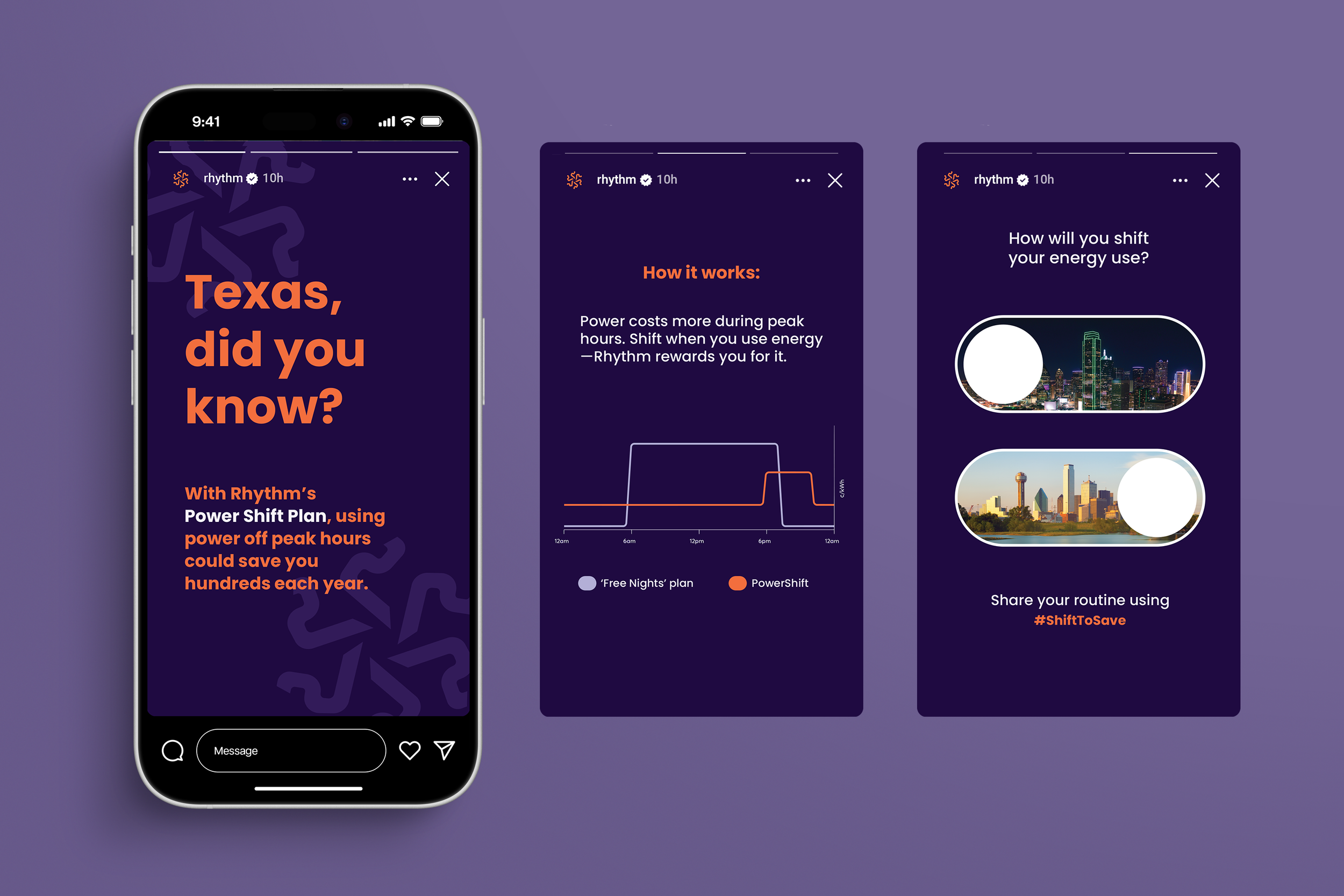 Instagram story slides promoting Rhythm's Power Shift Plan with a dark purple background. The first slide asks, 'Texas, did you know?' and states that the plan could save hundreds each year by using power off peak hours. The second slide explains how