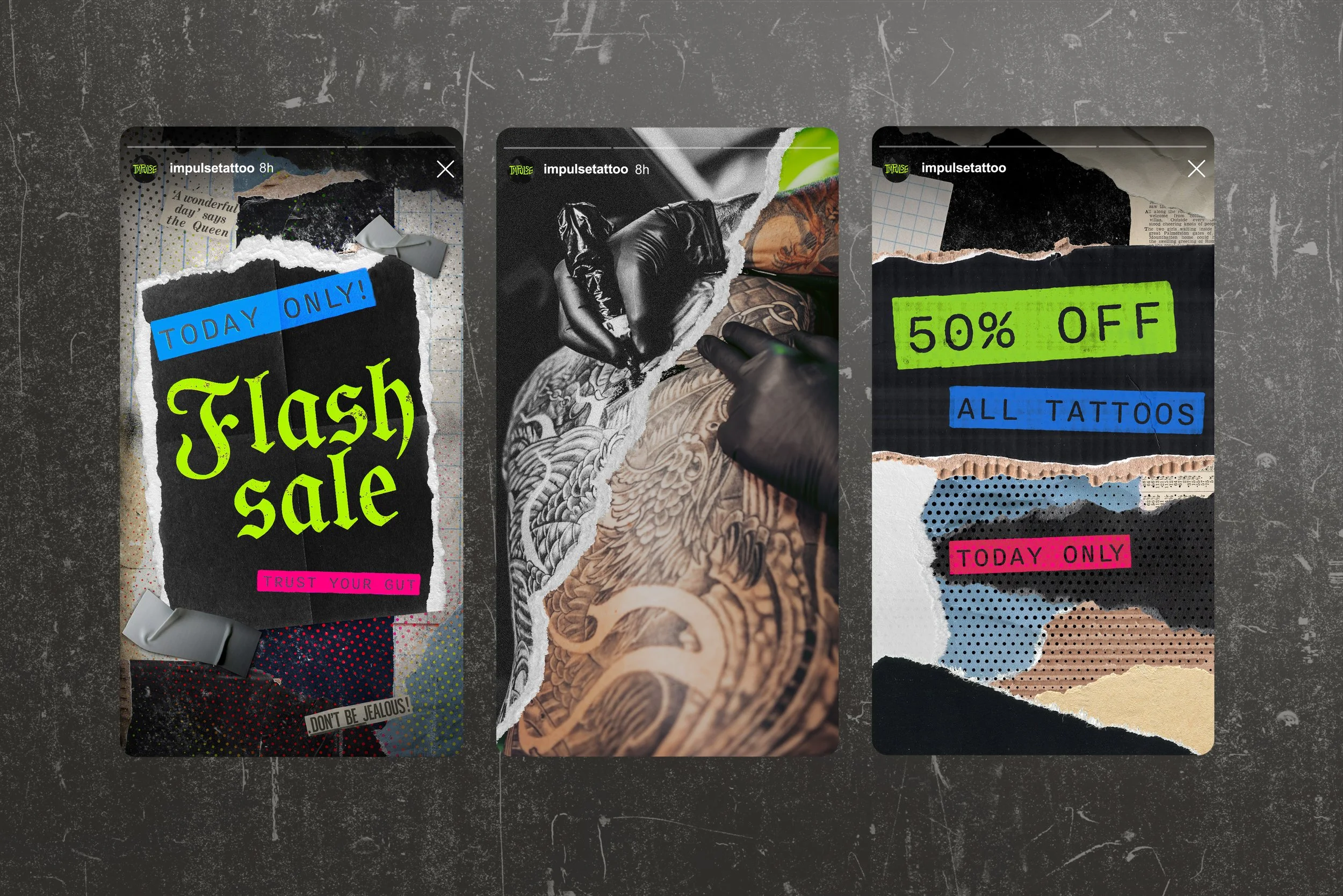 Three Instagram story images on a dark textured background promoting a flash sale, tattoo discounts, and tattoo deals. The first features torn paper with bright green text 'Flash Sale,' blue text 'Today Only!', and pink text 'Trust Your Gut.' The sec