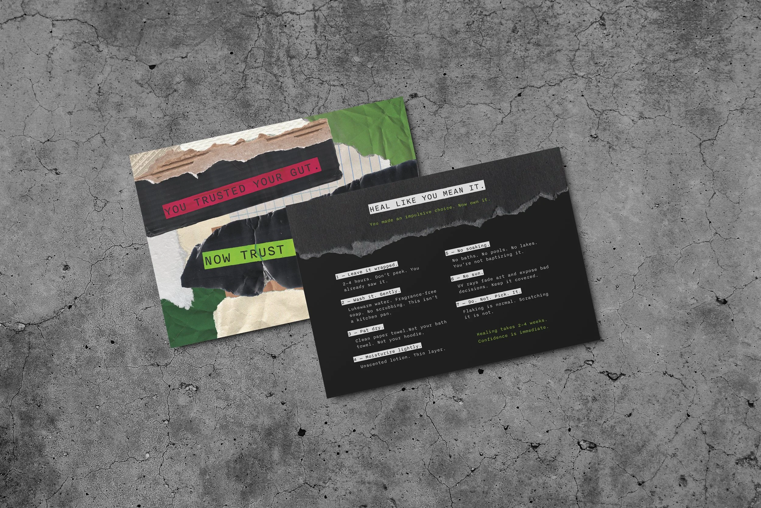 Two torn paper notes on a cracked concrete surface, one with a colorful collage background and the other with healing instructions in black and white text.