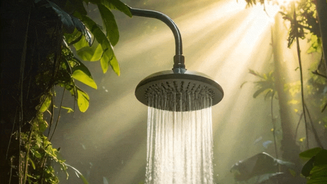 A shower head with water flowing, surrounded by green plants and sunlight filtering through leaves.