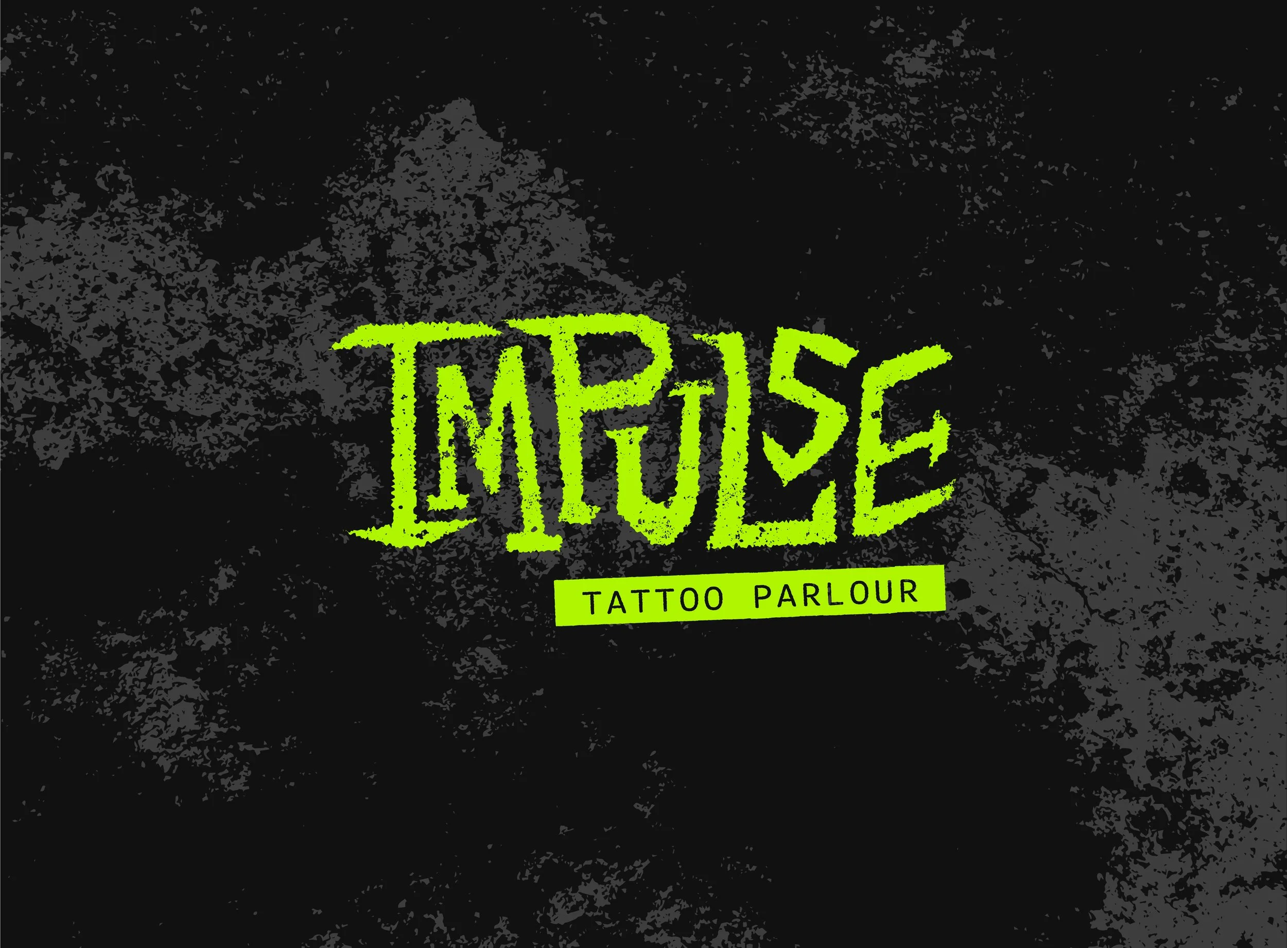 Black background with gray textured pattern, neon green text reading 'TATTOO' stylized as a tattoo font, and a smaller neon green banner below with black text that says 'TATTOO PARLOUR'.